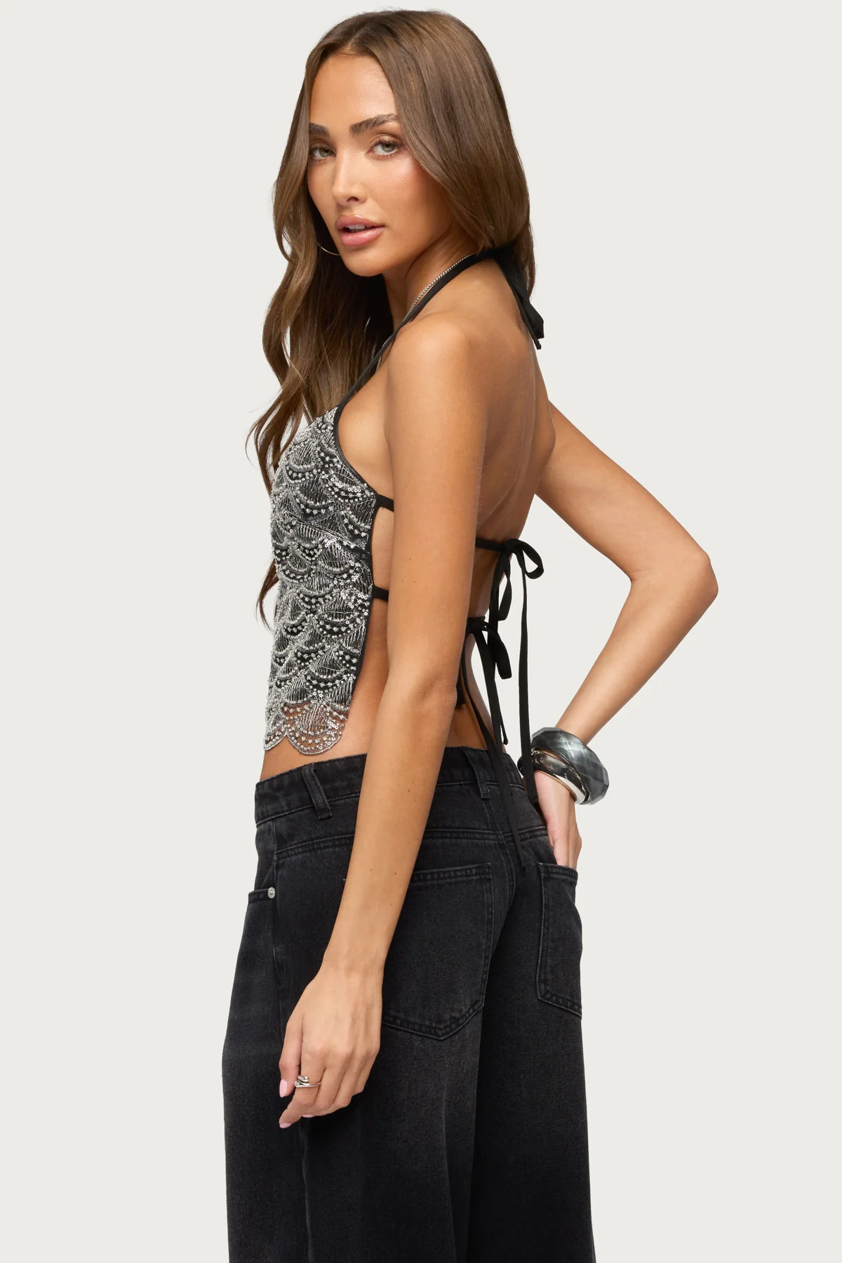 Naira Beaded Scalloped Halter Top
