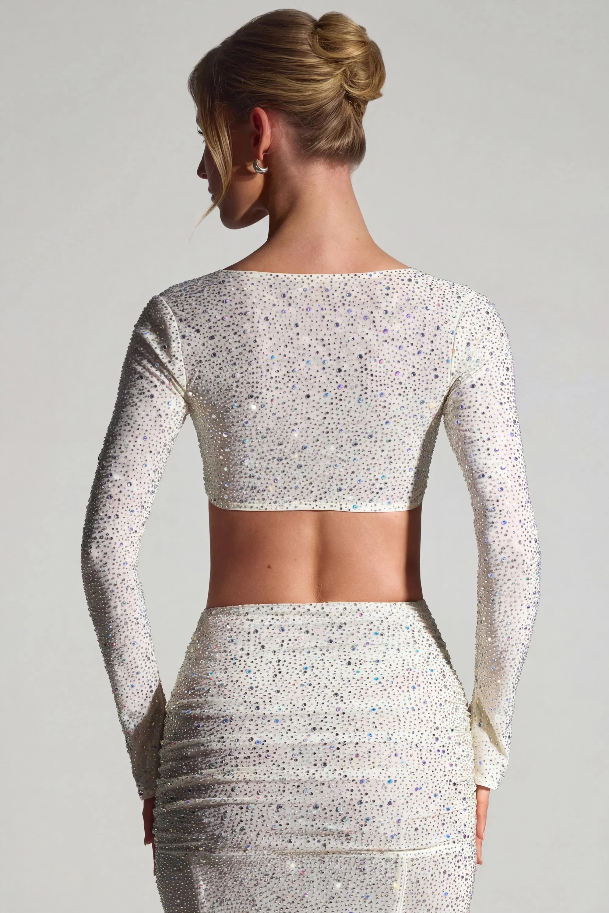 Embellished Long-Sleeve Crop Top in White