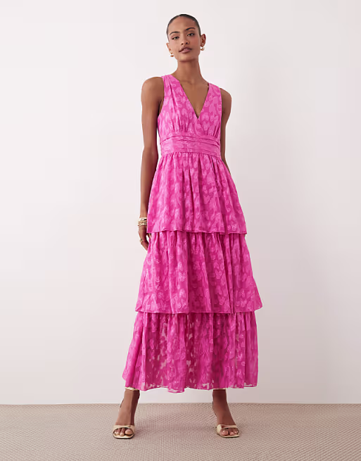 VILA tiered v neck jacquard maxi dress in pink