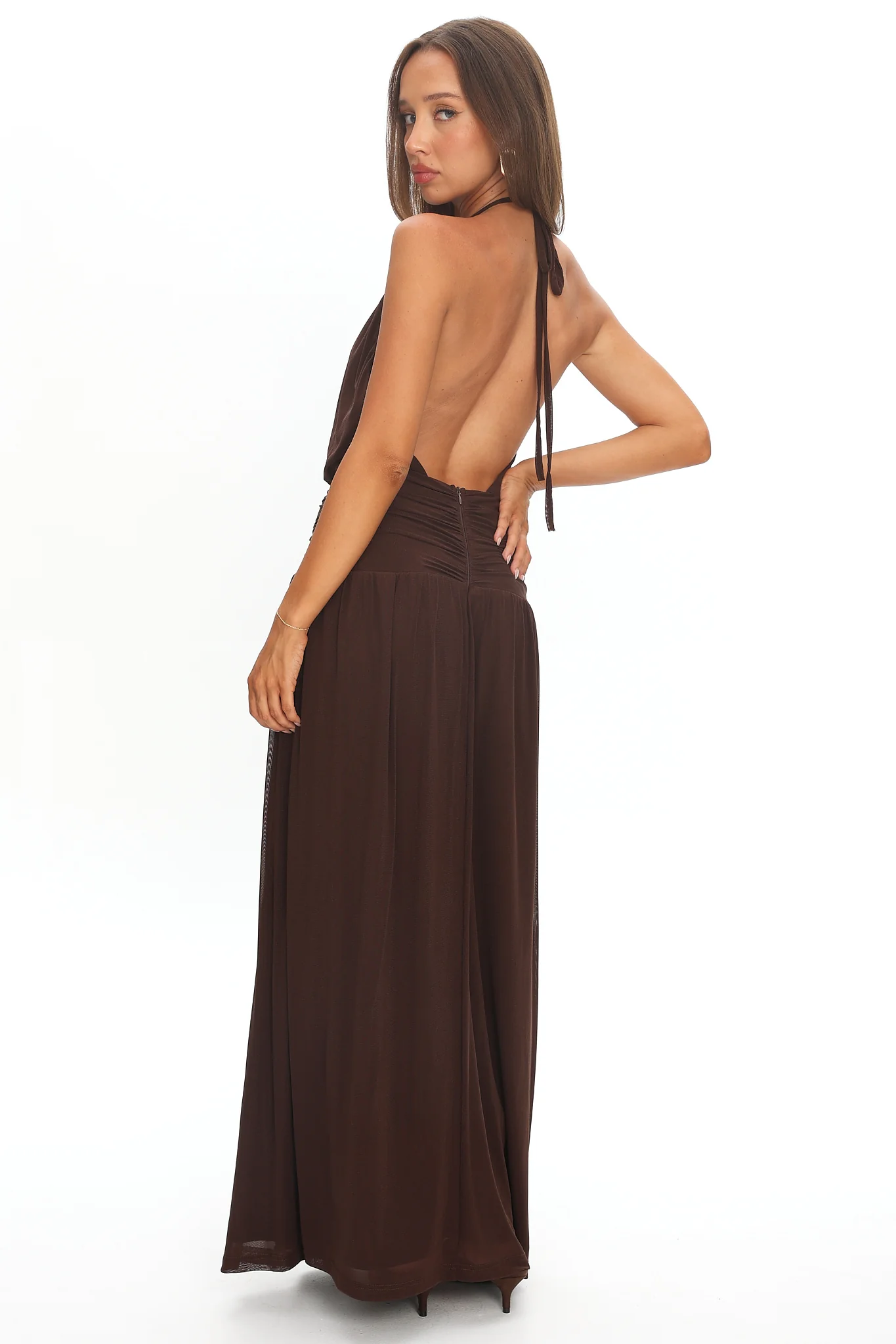 Entangled Backless Halter Maxi Dress Chocolate