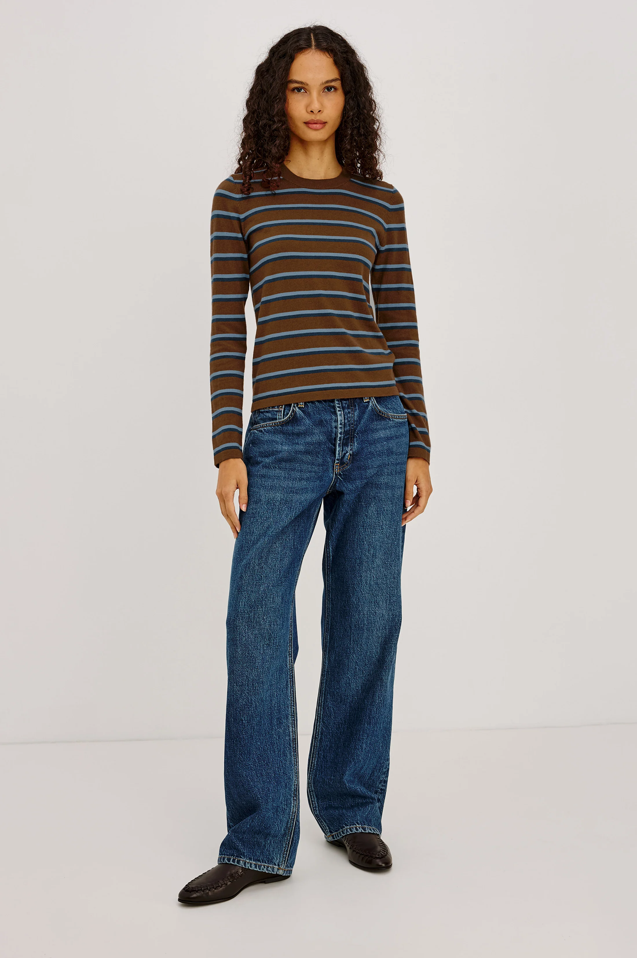 Davie Cotton Cashmere Long Sleeve Tee - Mocha Stripe