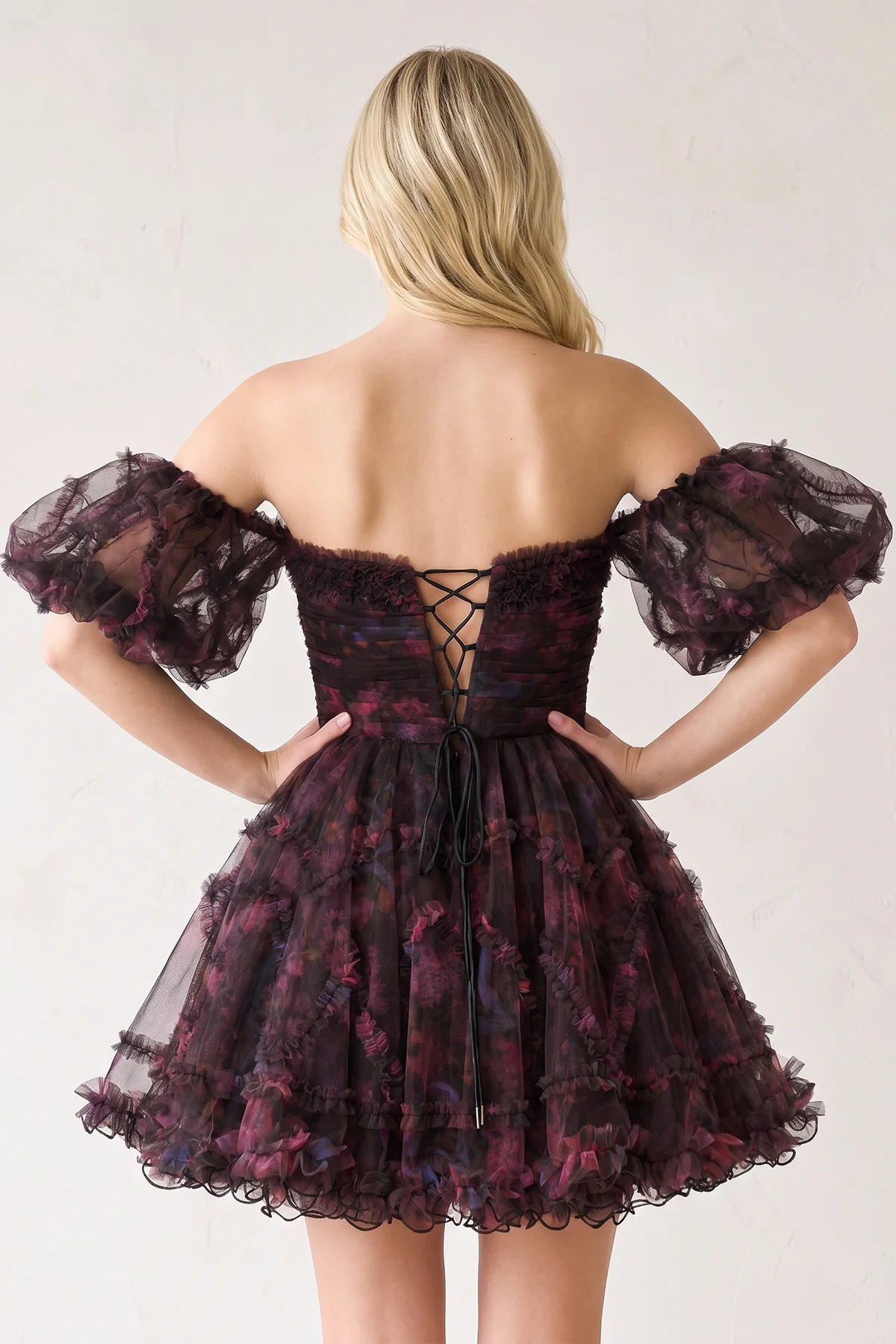 Blue Puff Sleeves Ruffles A-line Prints Homecoming Dress