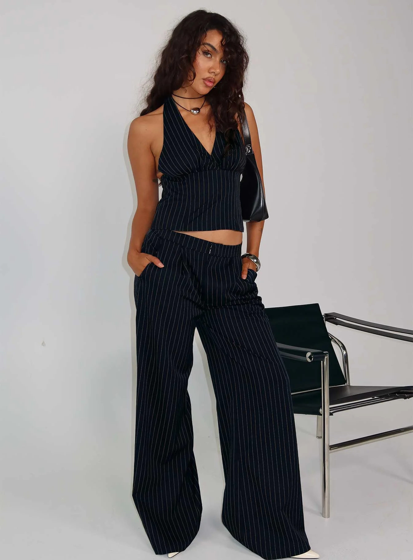 All She Wrote Halter Tailored Set Navy Stripe