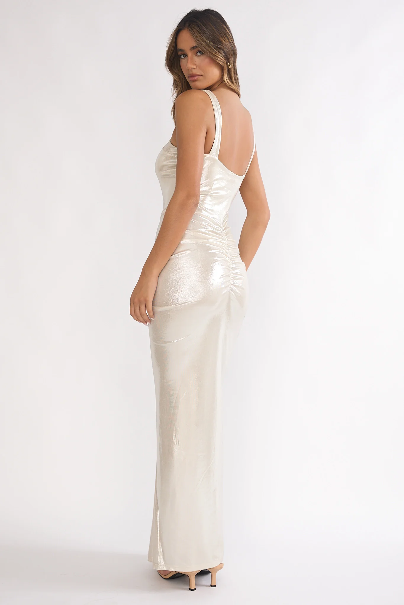 Delaina Ruched Waist Gold Accent Maxi Dress Pearl - luluinthesky
