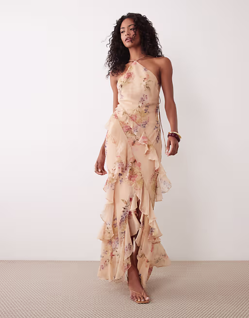 bias cut maxi dress with ruffles and high-low in floral print