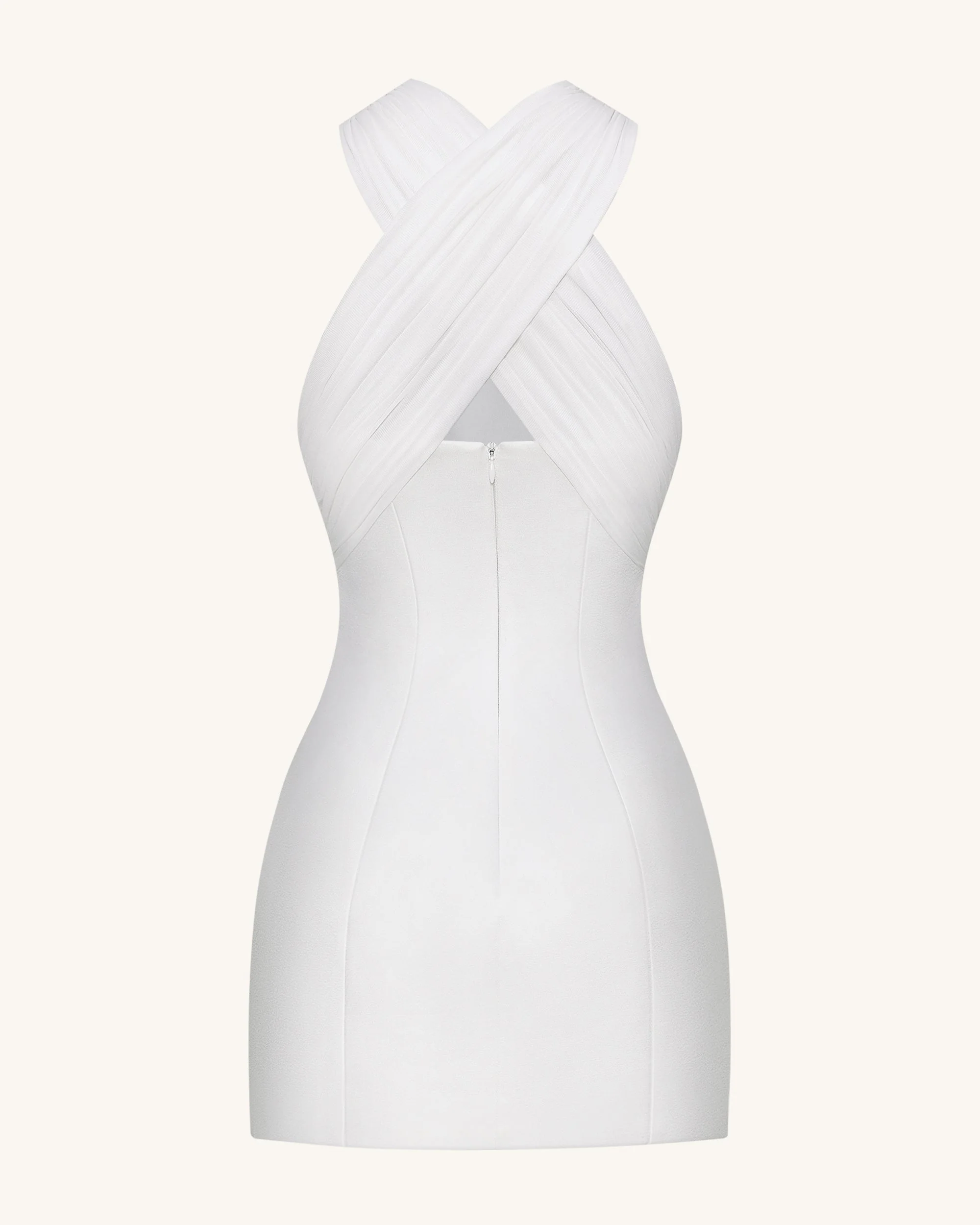 Satin Mini Dress with Tulle Cross-Halter - White - FASHION NOB