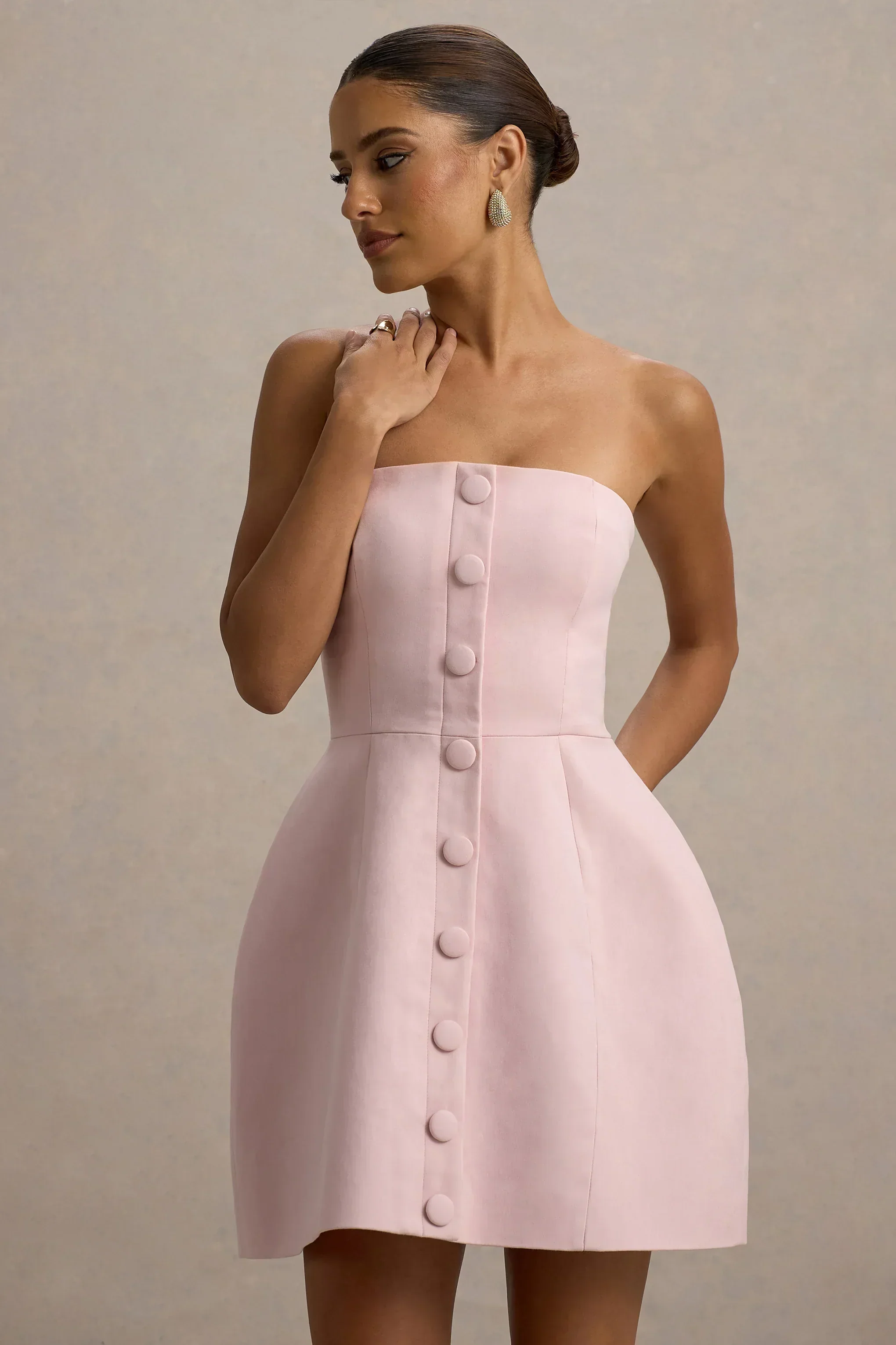Anniston | Pink Bandeau Tailored Button Mini Dress