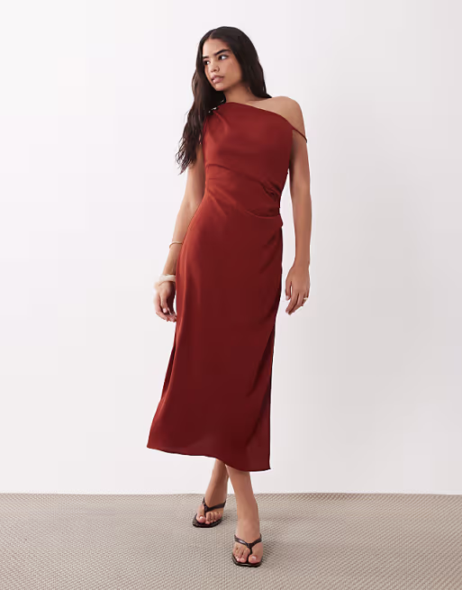 Mango satin cowl neck asymmetric midi dress in burnt orange