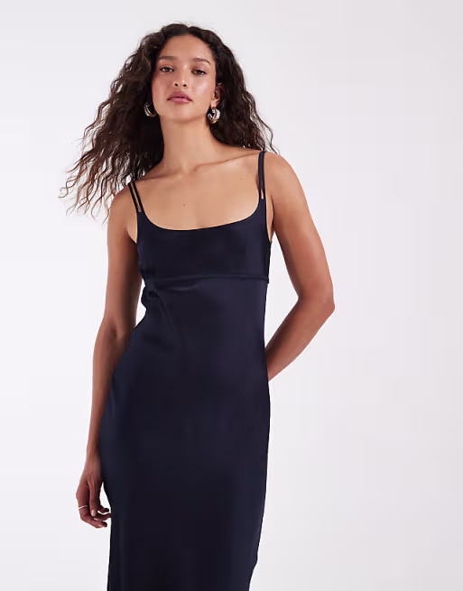 & Other Stories satin bias cut maxi dress in navy blue
