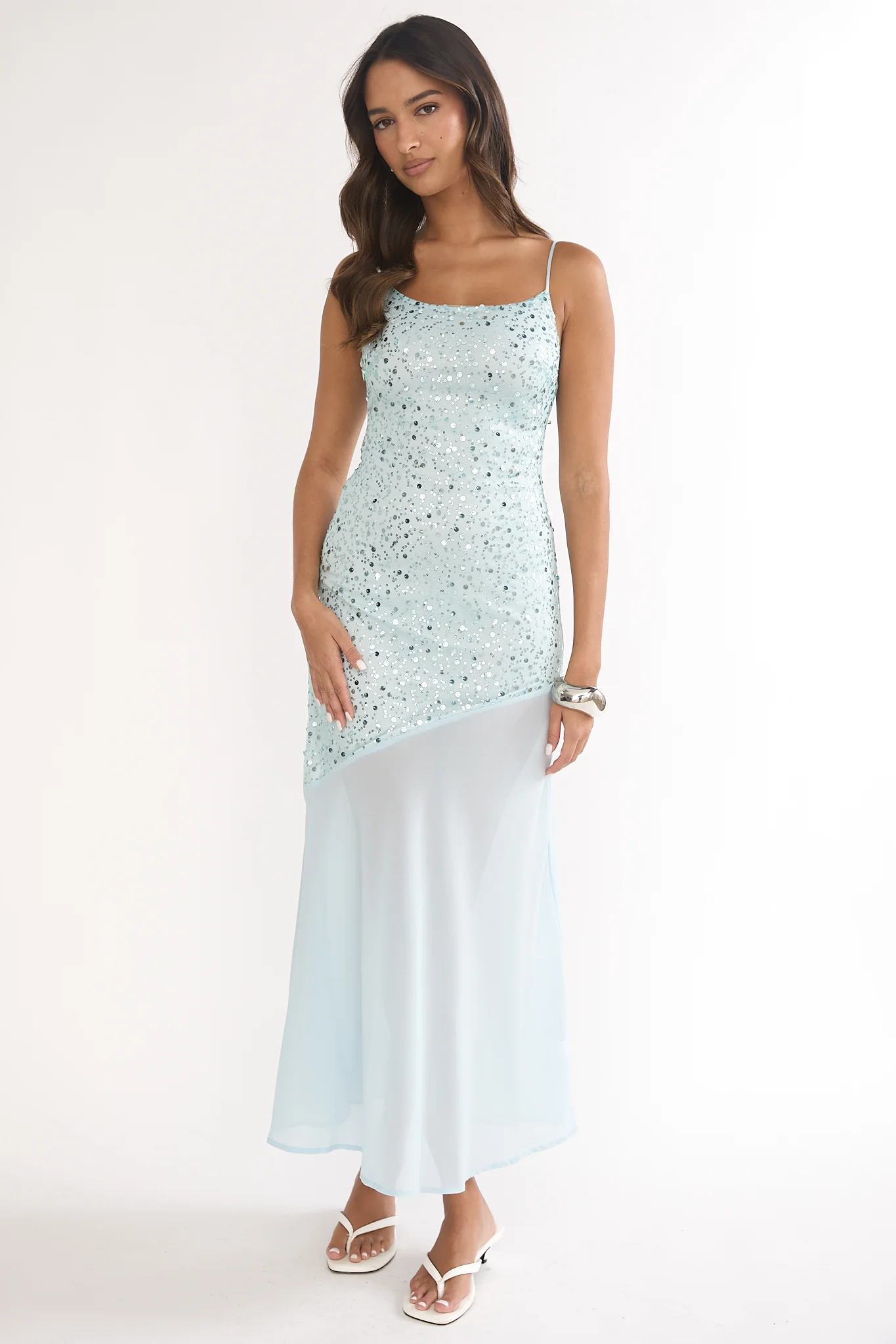 Gilded Dream Chiffon Hem Maxi Dress Sequin Sage