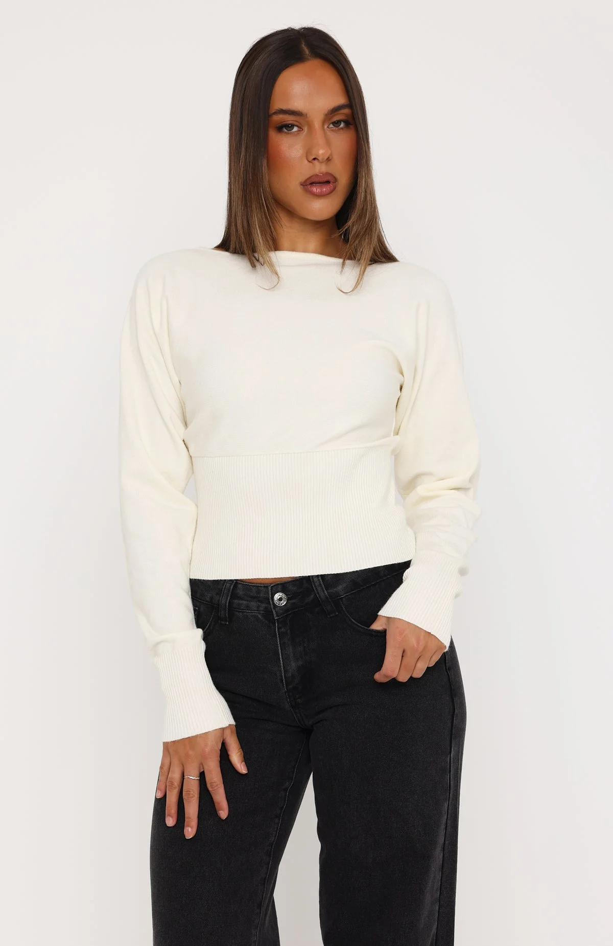 Checked In Cinched Waist Long Sleeve Knit Top Cream