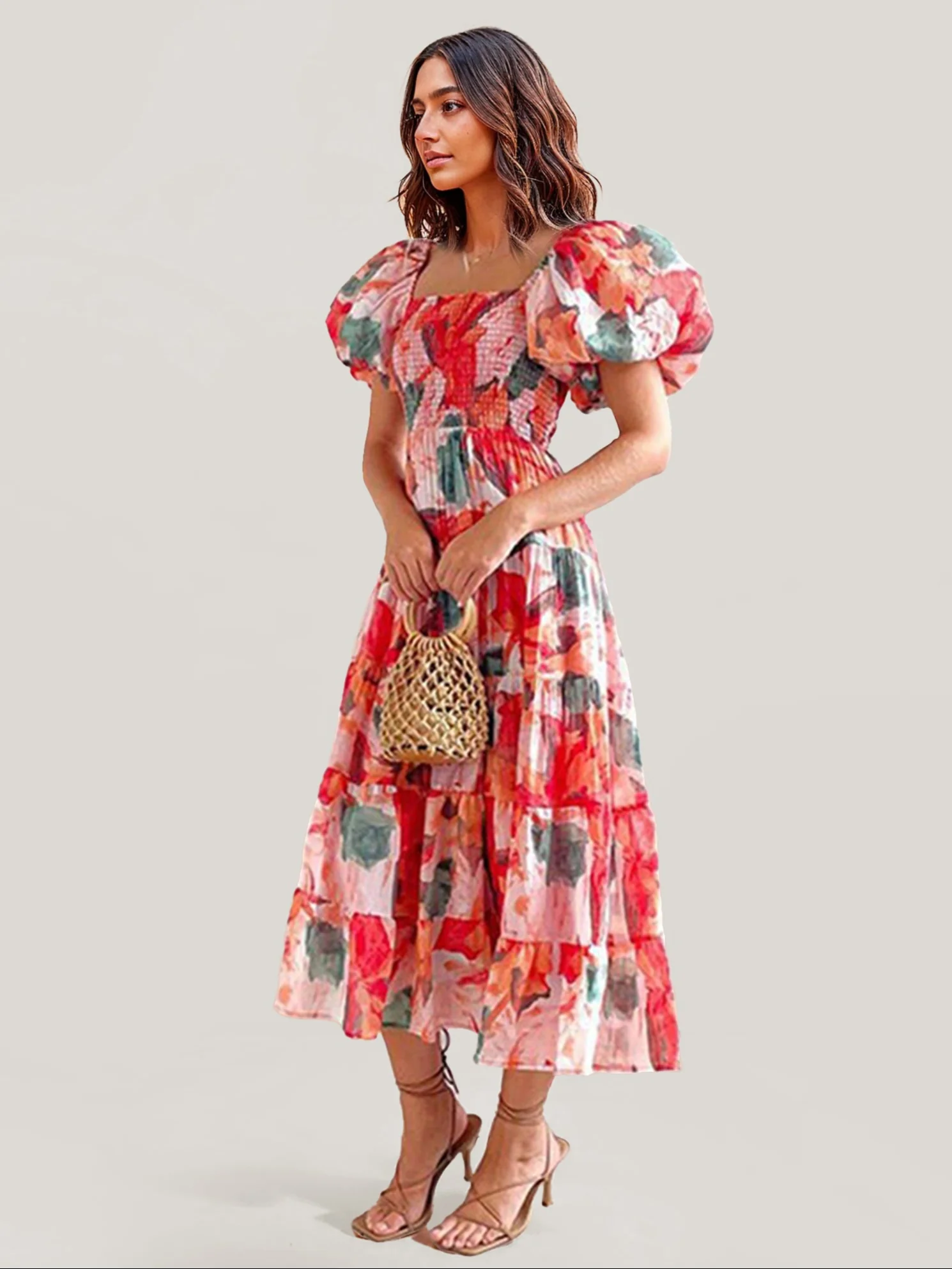 Floral Puff Sleeve Midi Dress