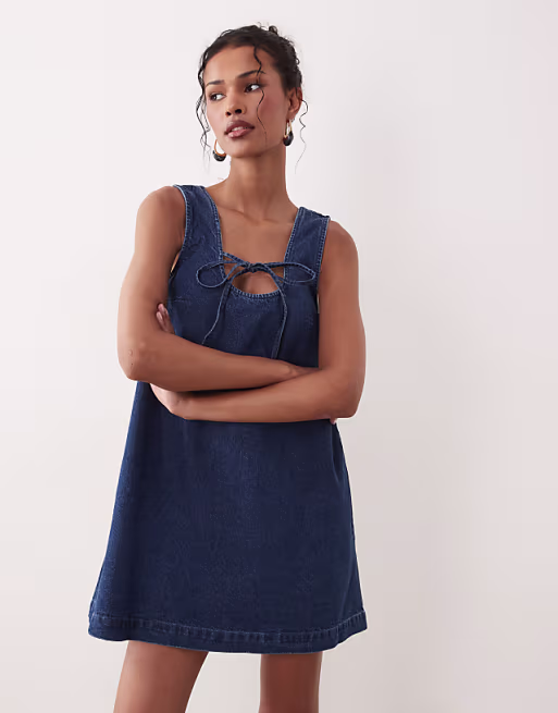denim scoop neck and back mini dress with bow front in dark mid blue