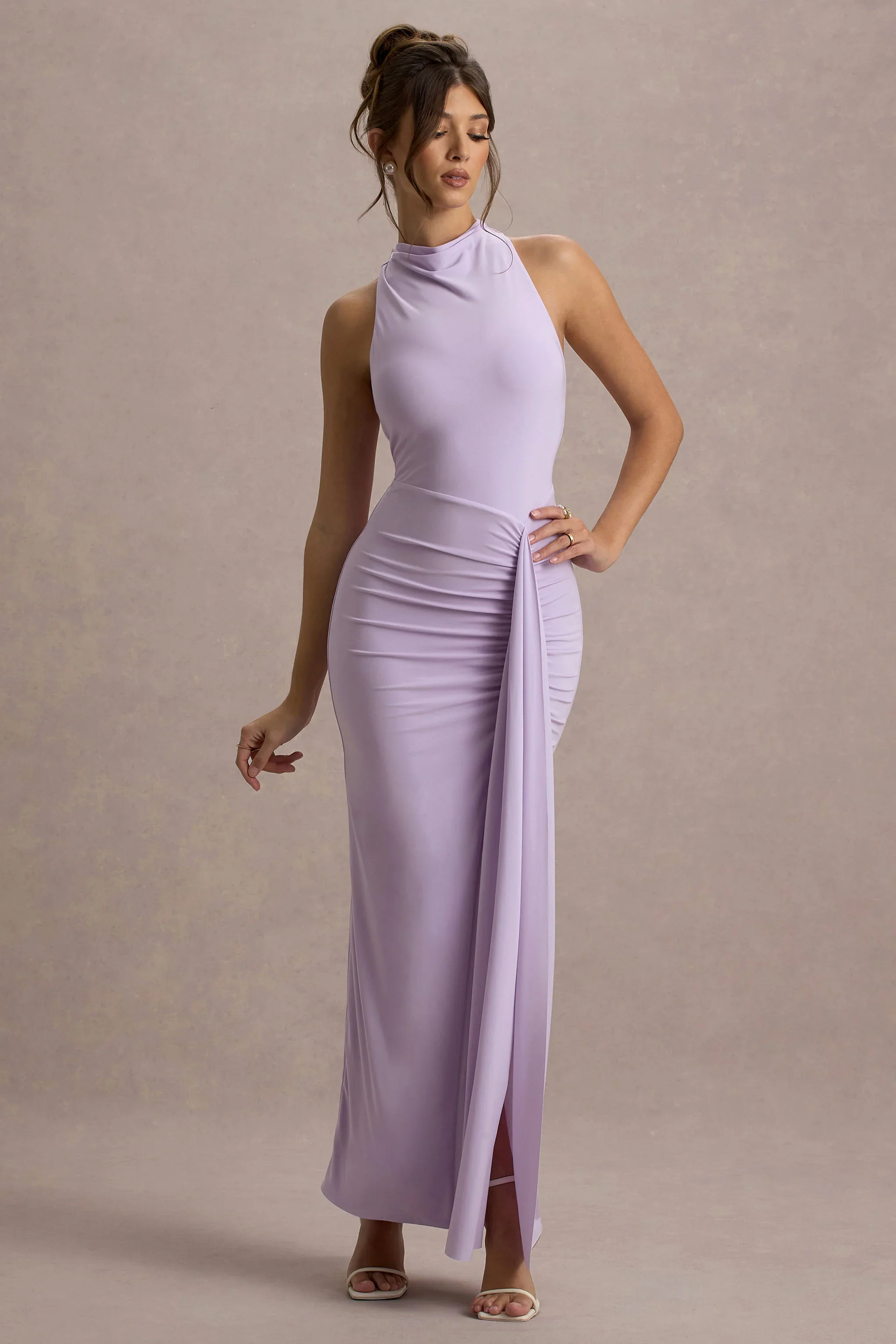 Sunflower | Lilac Ruched High-Neck Split Maxi Dress