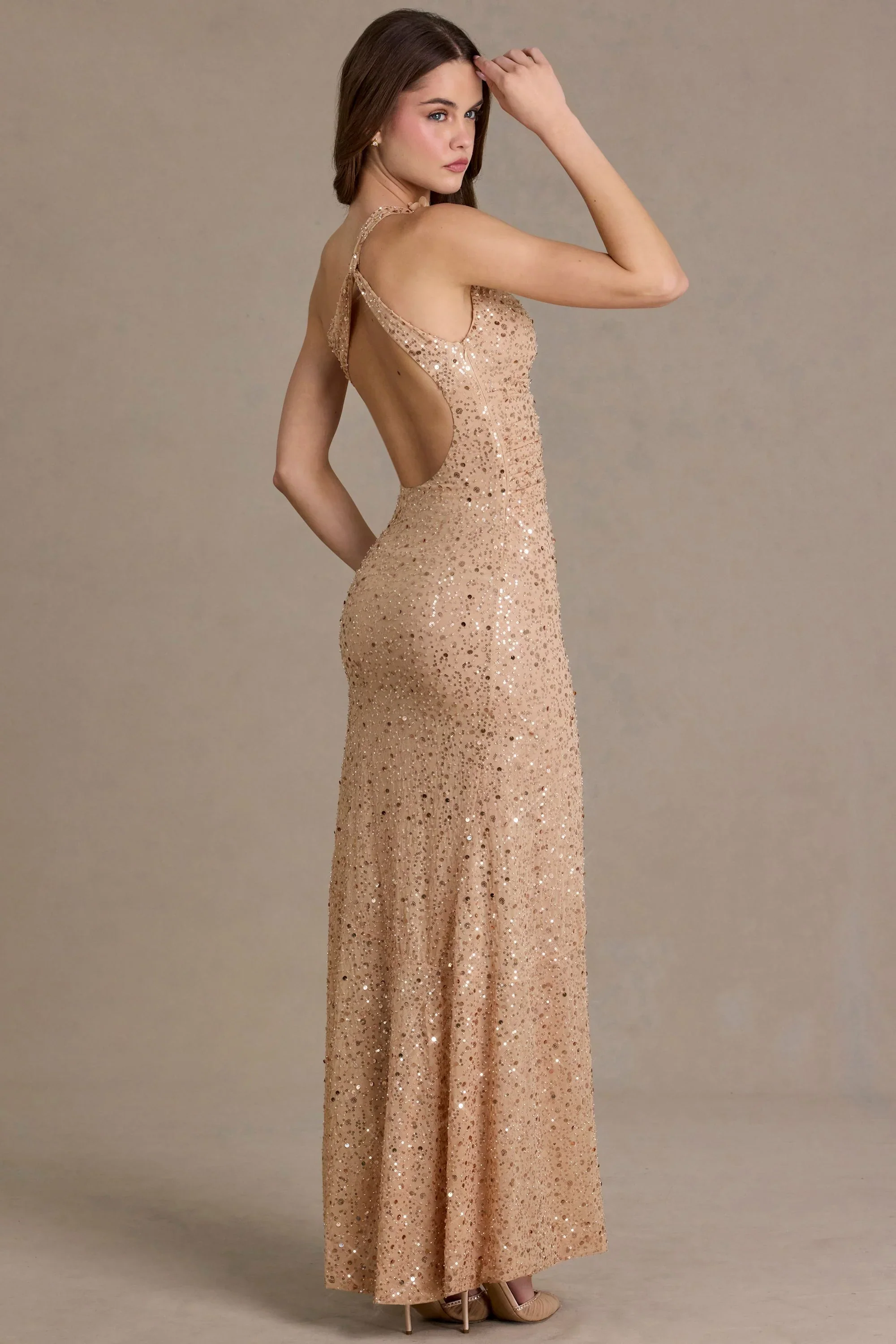 Embellished Asymmetric One-Shoulder Maxi Dress in Sand