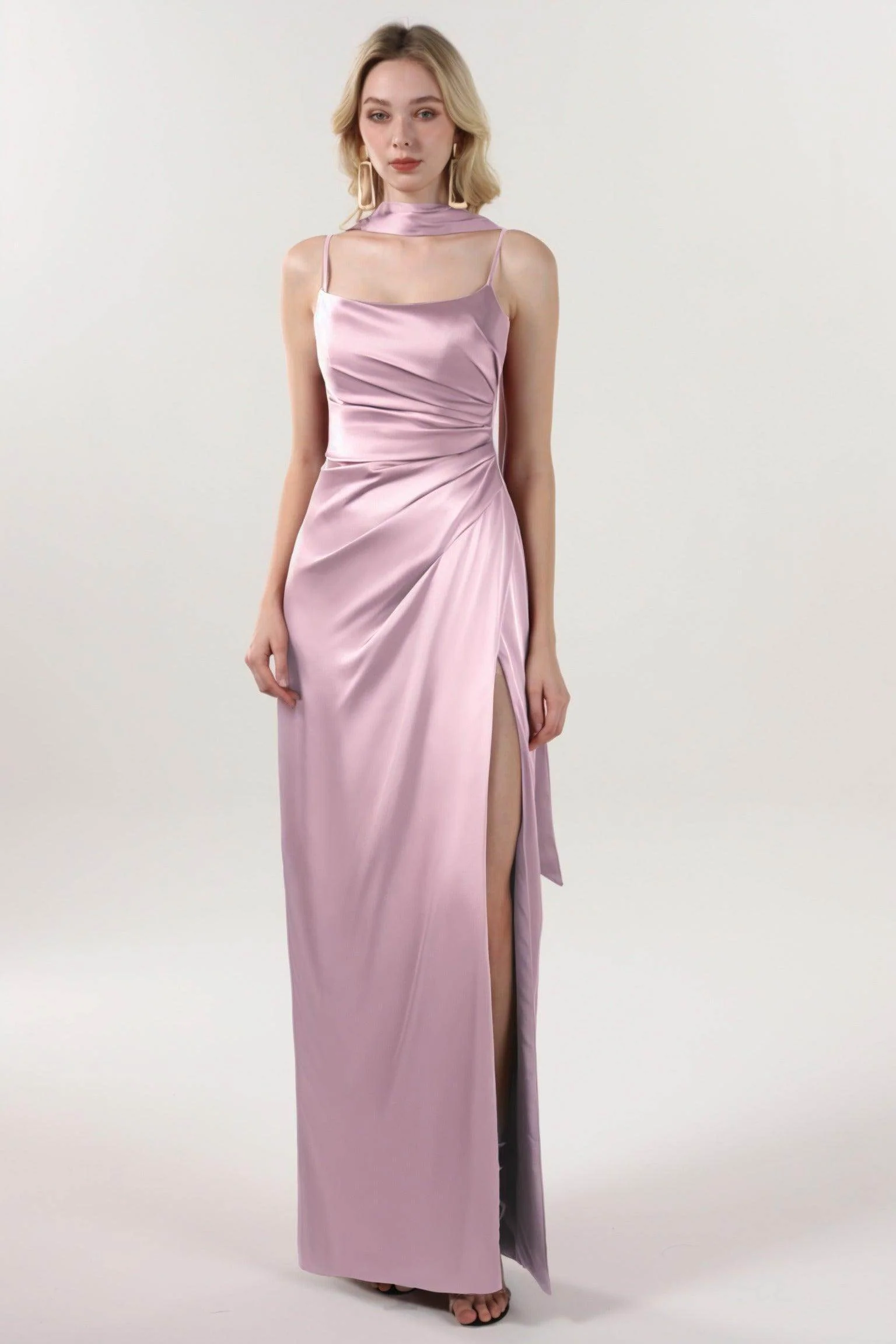 Sheath-Column Maxi Luxe Satin Bridesmaid Dress CS0599BM
