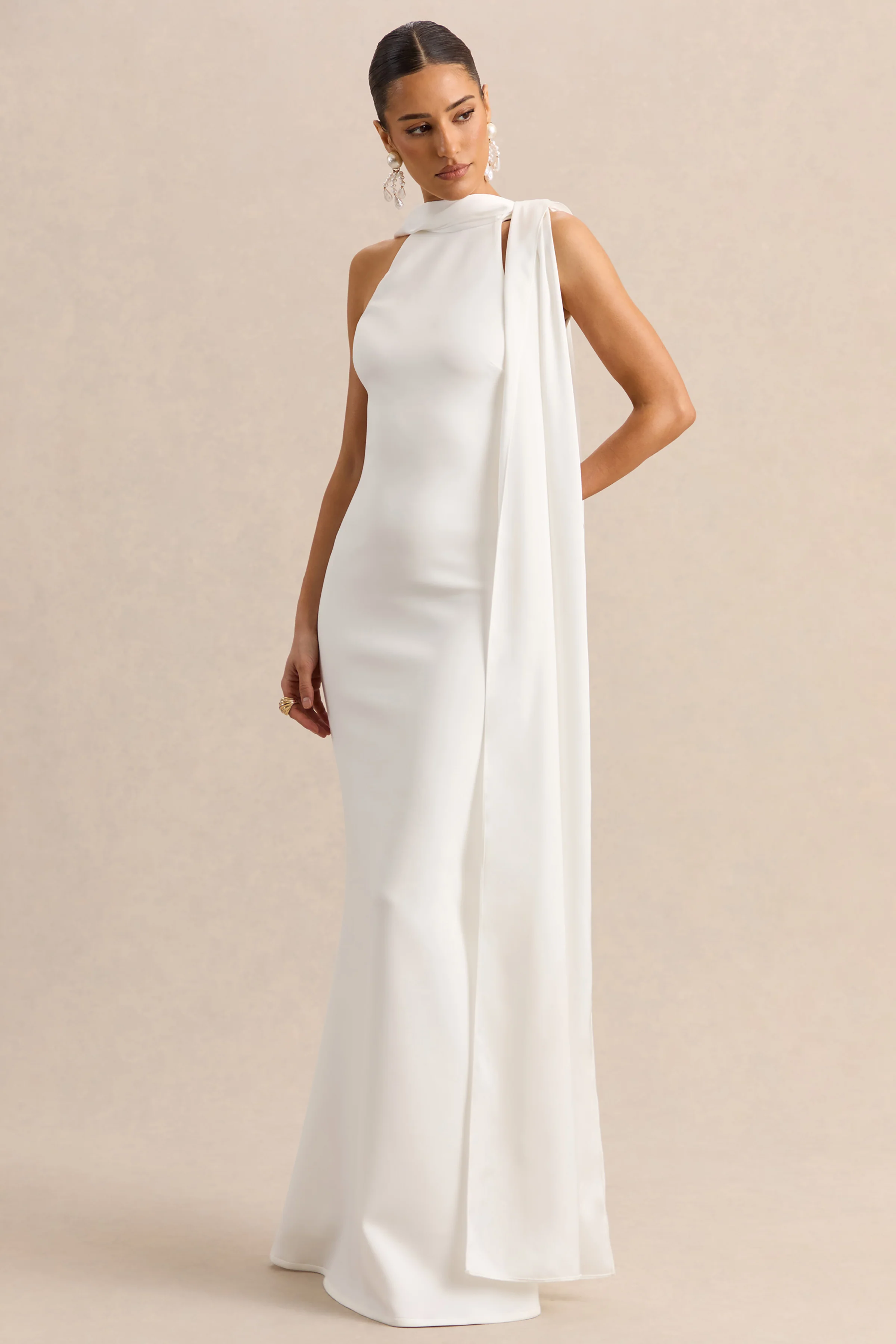 Vionette | White High-Neck Maxi Dress With Scarf