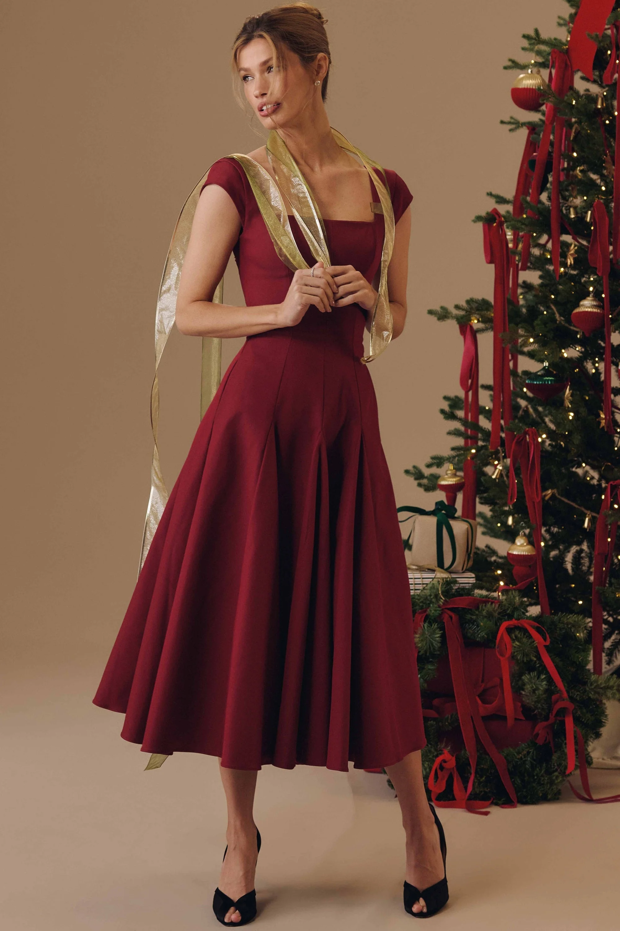 wine lace back twill midi dress