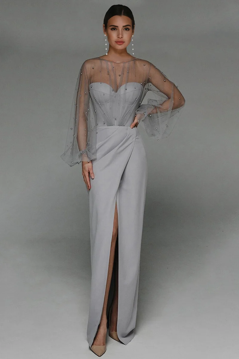 Alena Sheath Pearl Maxi Dress-Grey