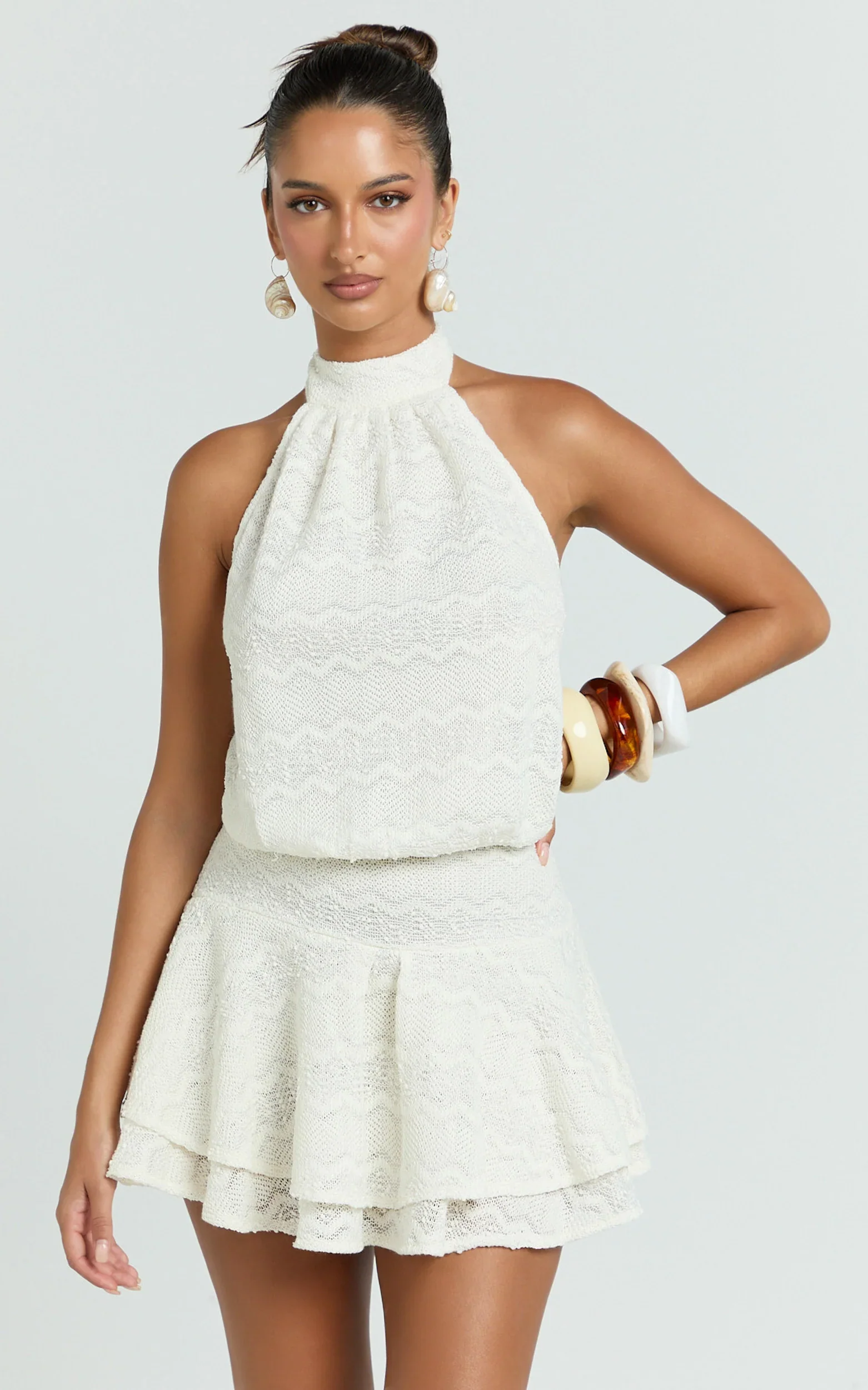 Bonnie Mini Dress - Backless Halter Drop Waist Dress in Ivory