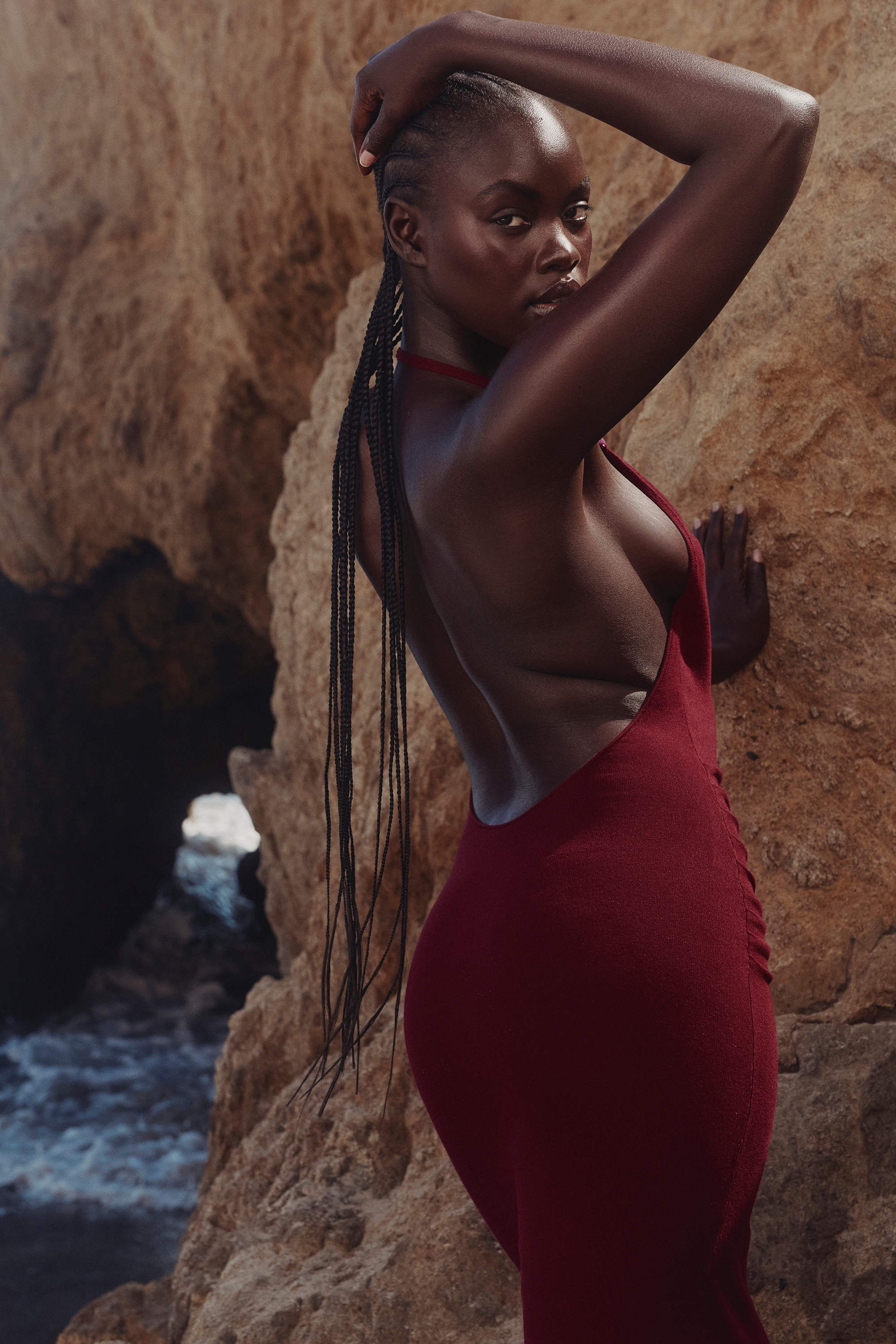 wine draped halter neck maxi dress