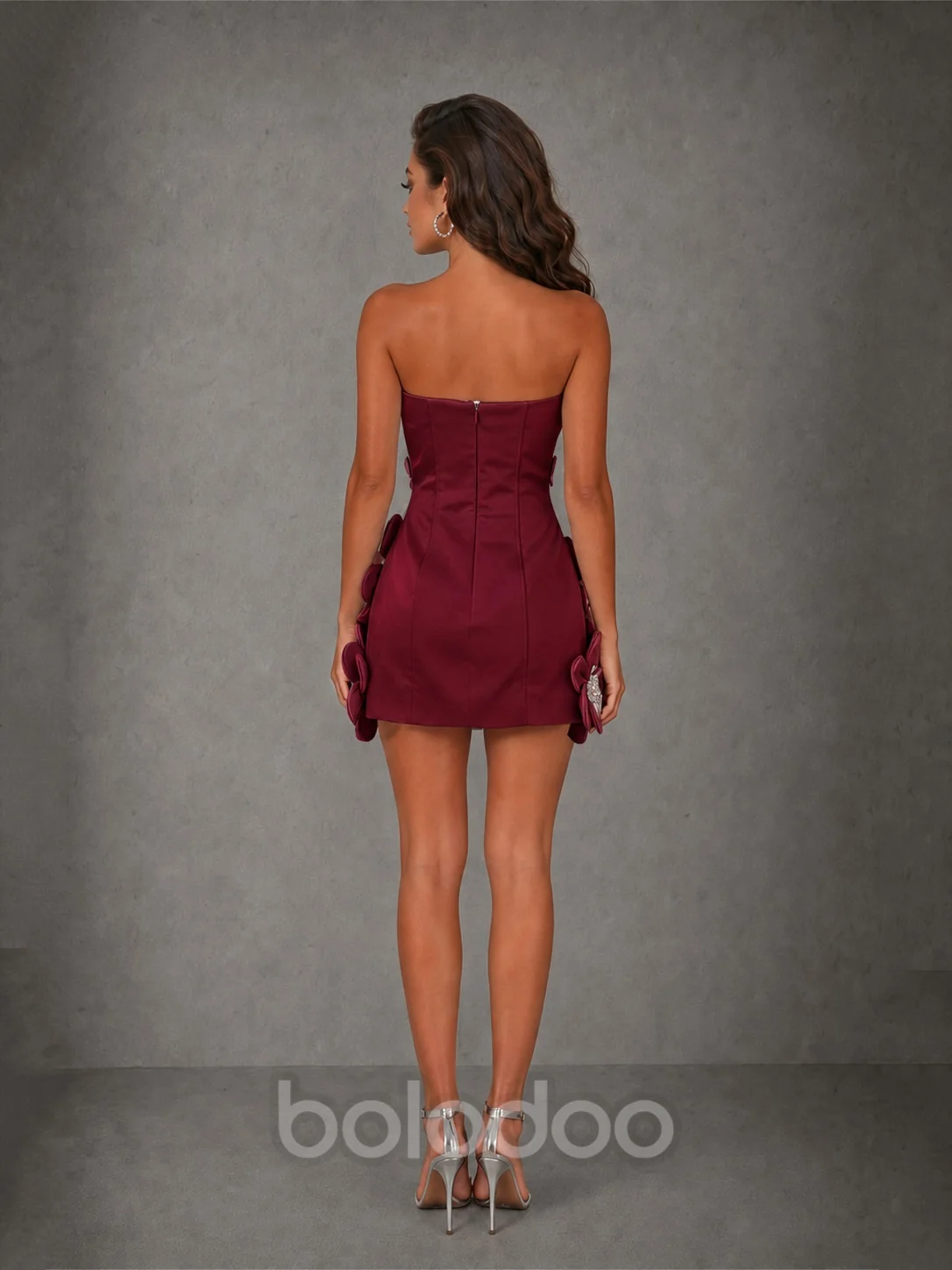 BOLODOO Burgundy 3D Floral Strapless Mini Dress with Crystal Embellishments