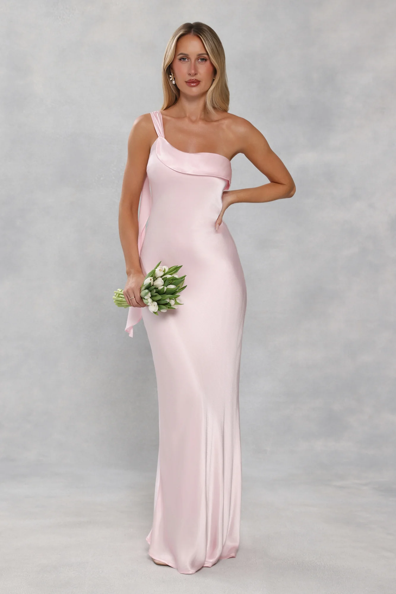 The Zafira One Shoulder Satin Maxi Dress Light Pink