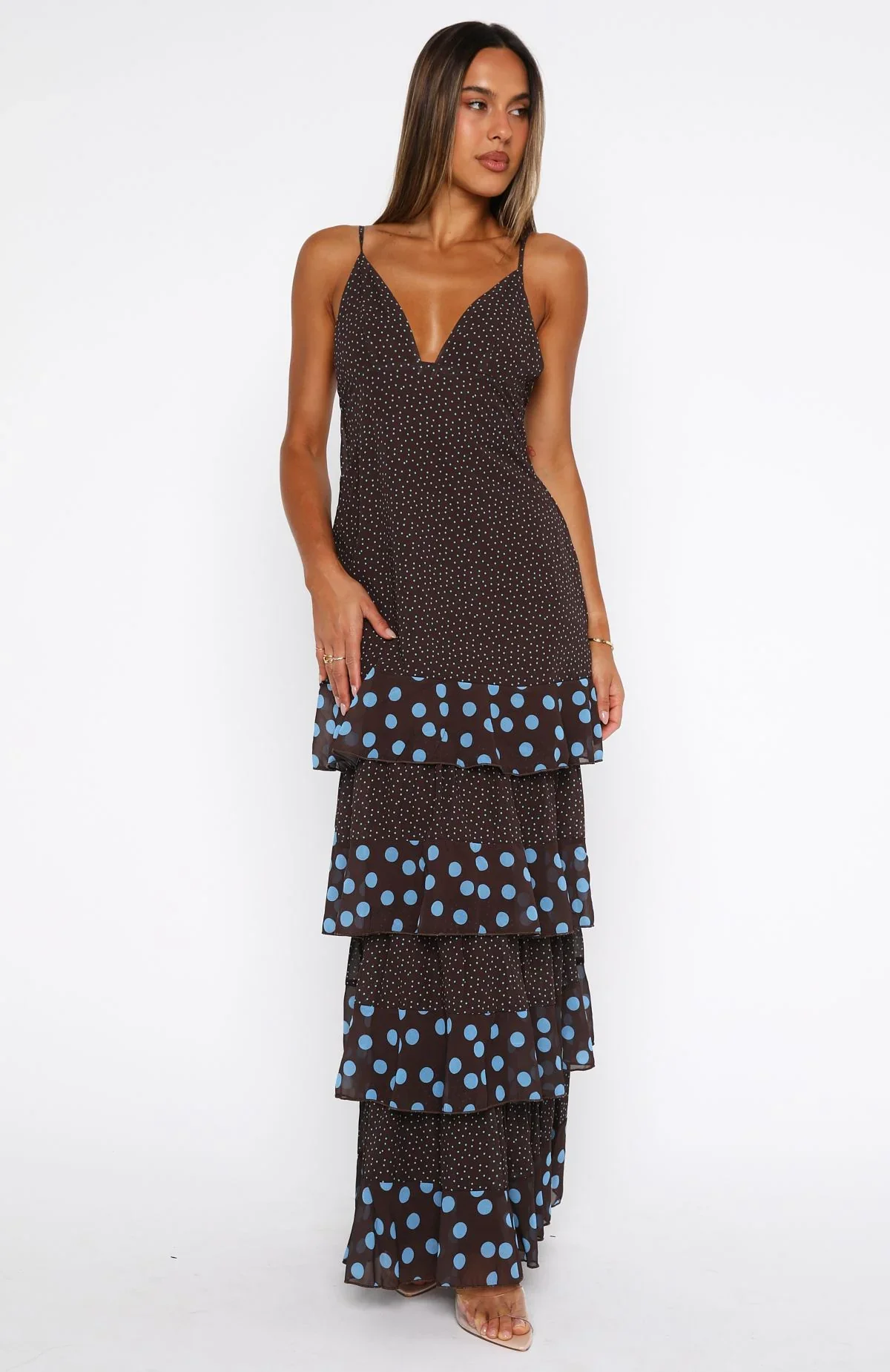 Princess Maxi Dress Chocolate/Blue Polka Dot