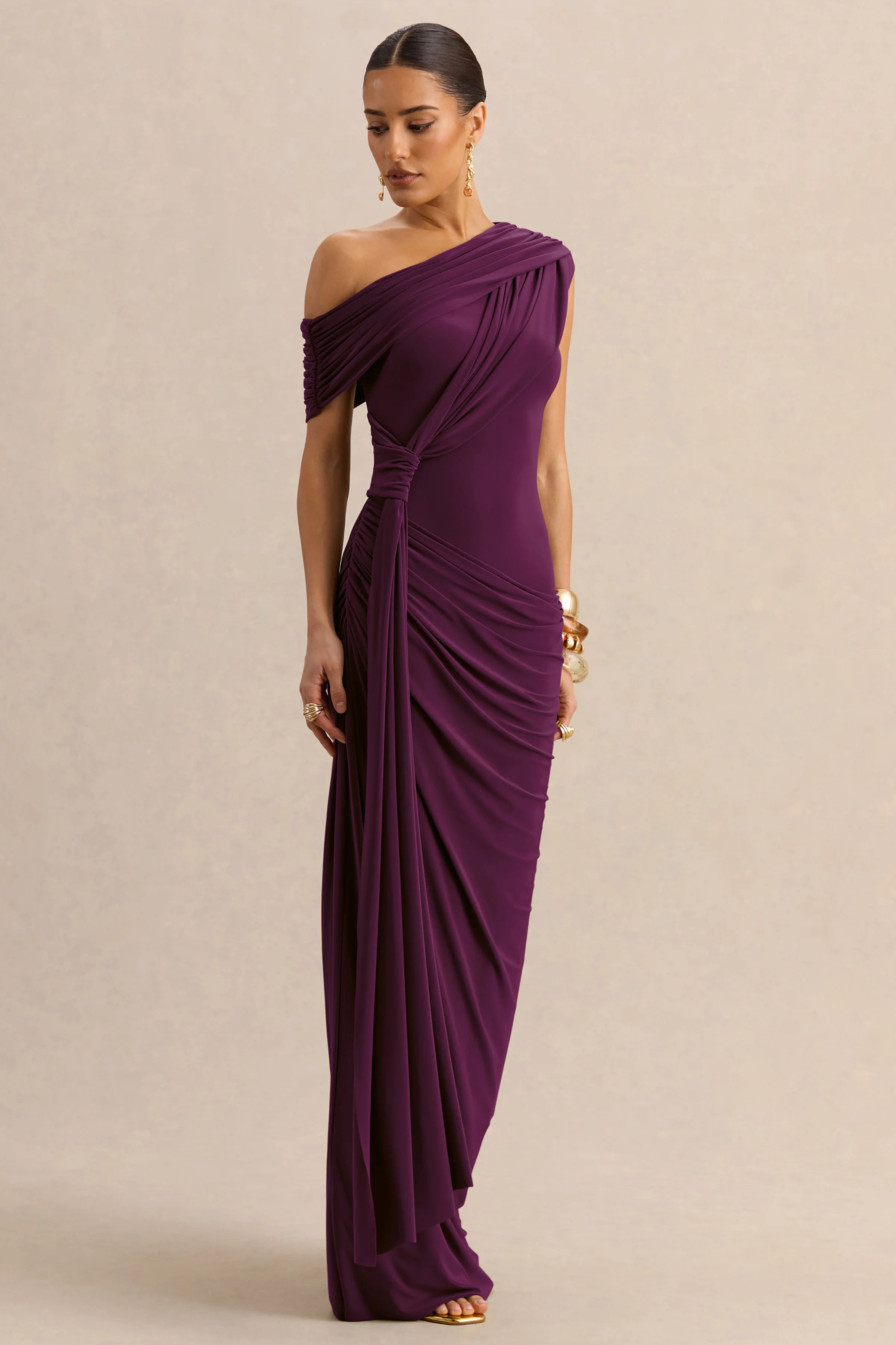 Avialee | Dark Plum Asymmetric-Neck Maxi Dress With Gathered-Detailing And Sash