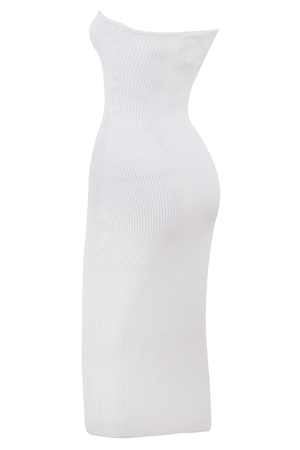 White Ribbed Knit Strapless Midi Dress