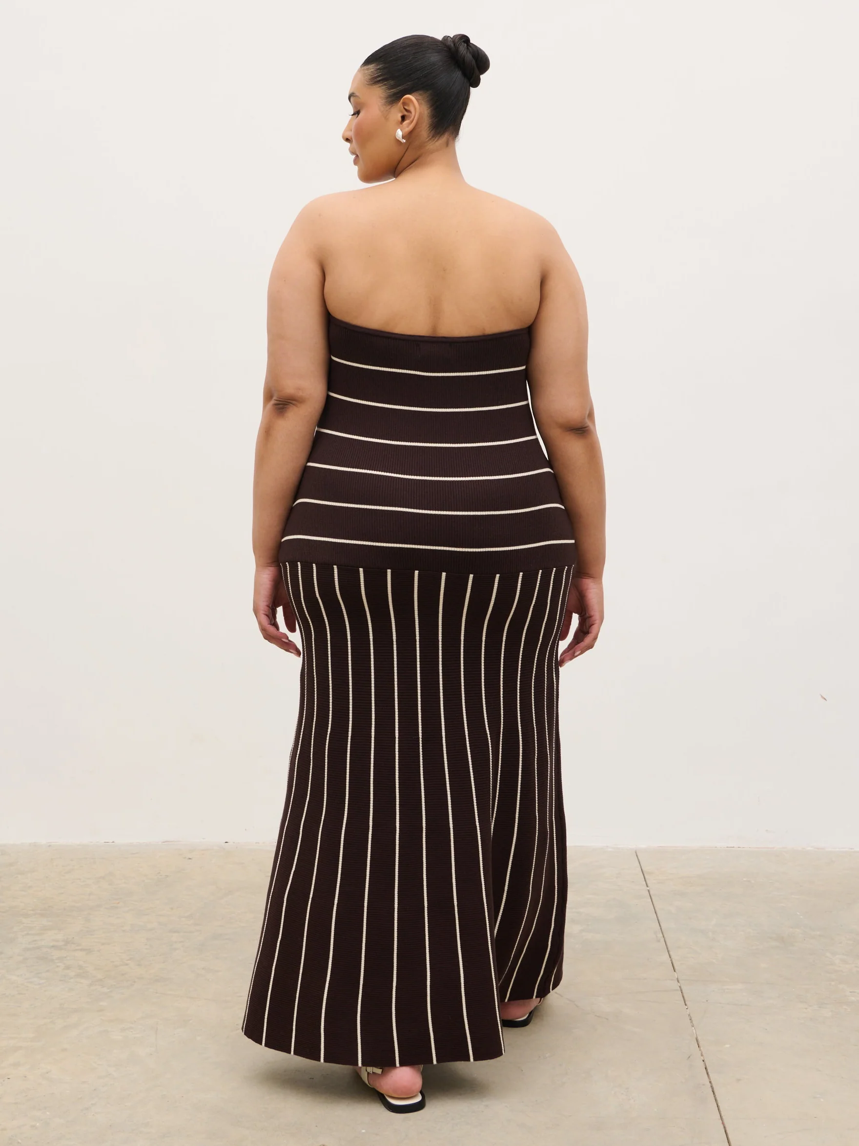 Pixie Bandeau Stripe Knit Long Midaxi Dress Curve - Brown