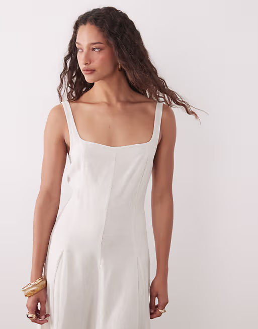 linen blend seam detail maxi dress in natural