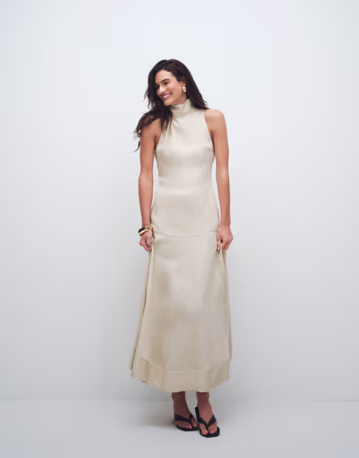 Topshop premium funnel neck dropped waist midaxi dress in natural woven stripes