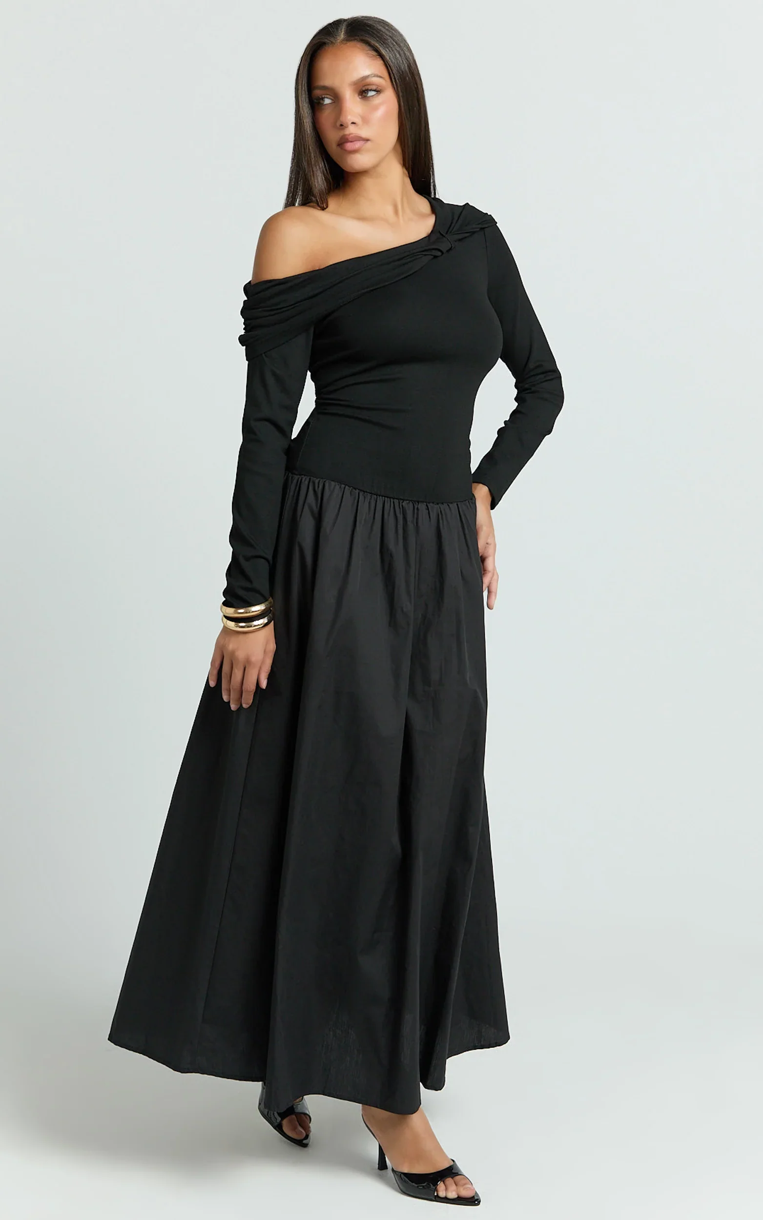 Lorna Midi Dress - One Shoulder Long Sleeve Dress in Black