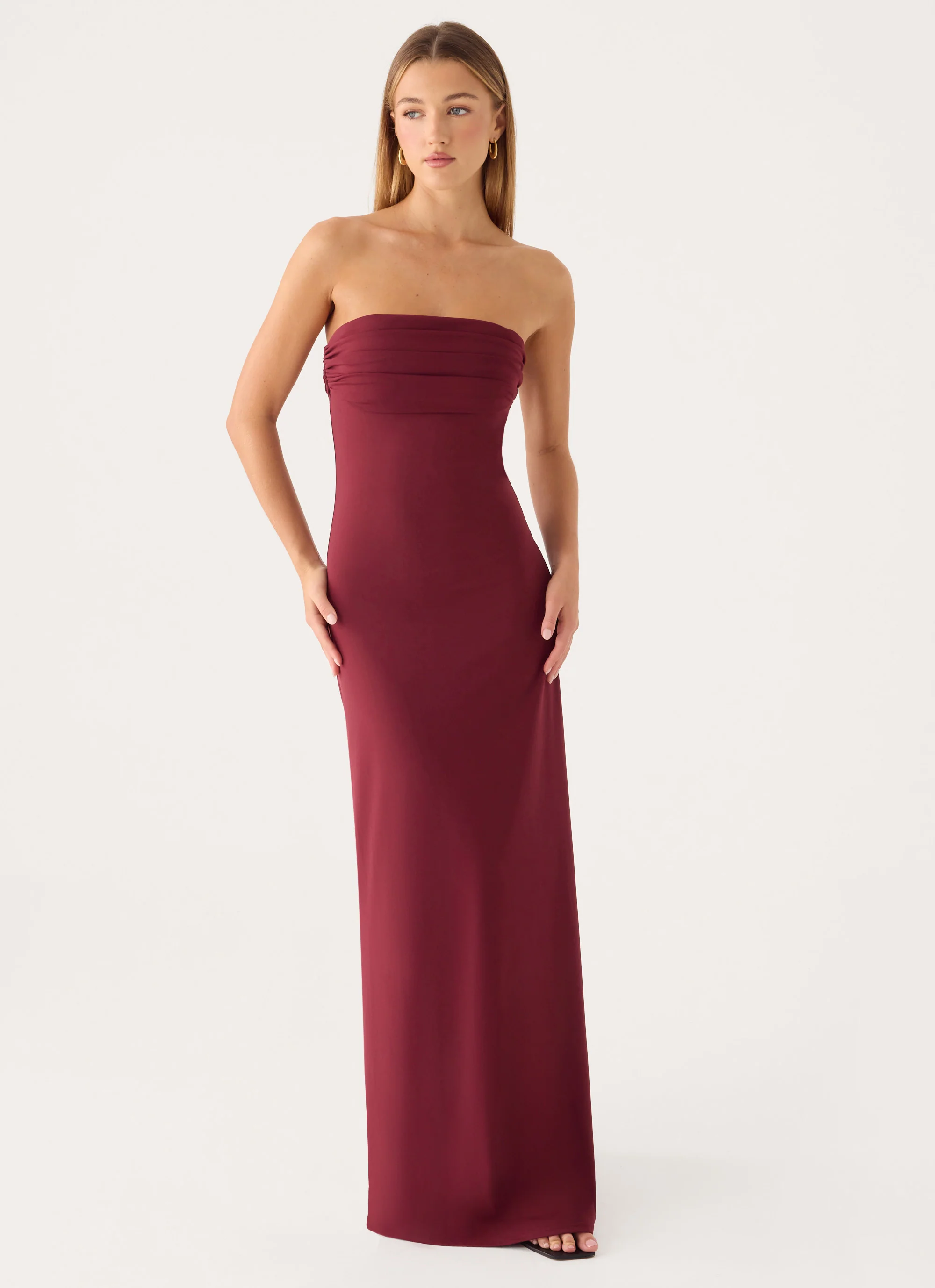Almost Yours Strapless Maxi Dress - Burgundy - luluinthesky
