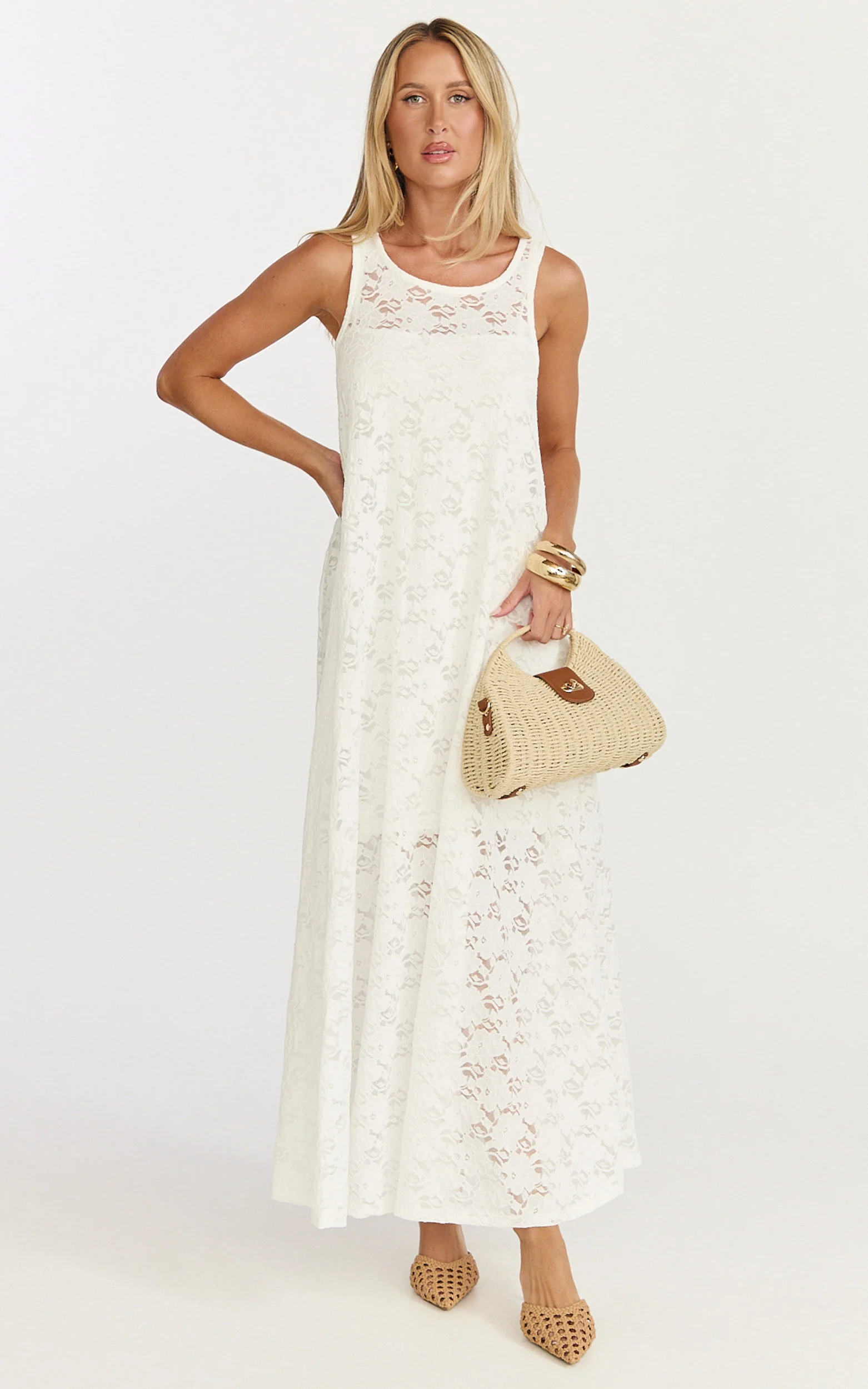 Bella Maxi Dress - Lace Shift Dress in Off White