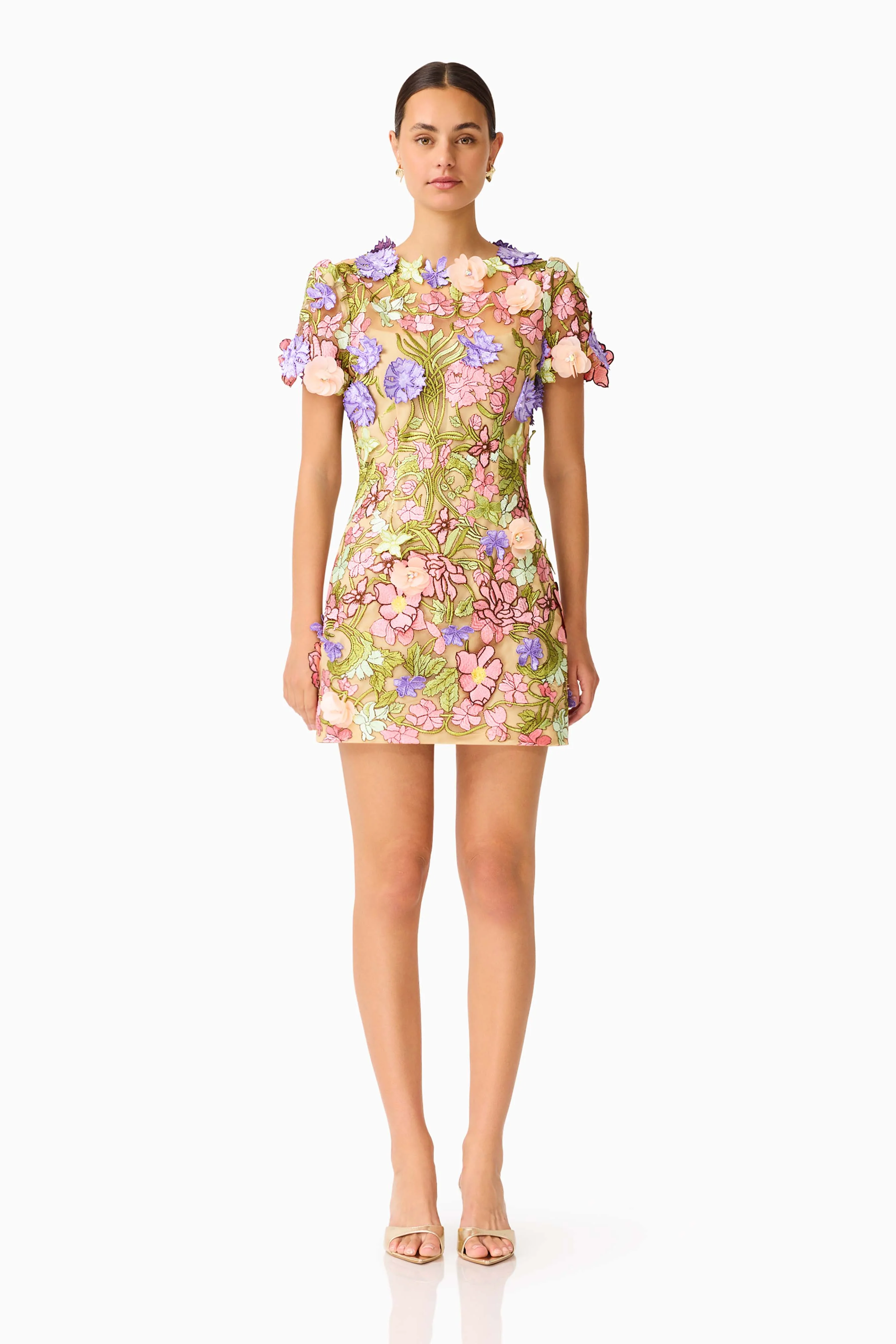 Fiora Shift Mini Dress in Green & Pink Floral