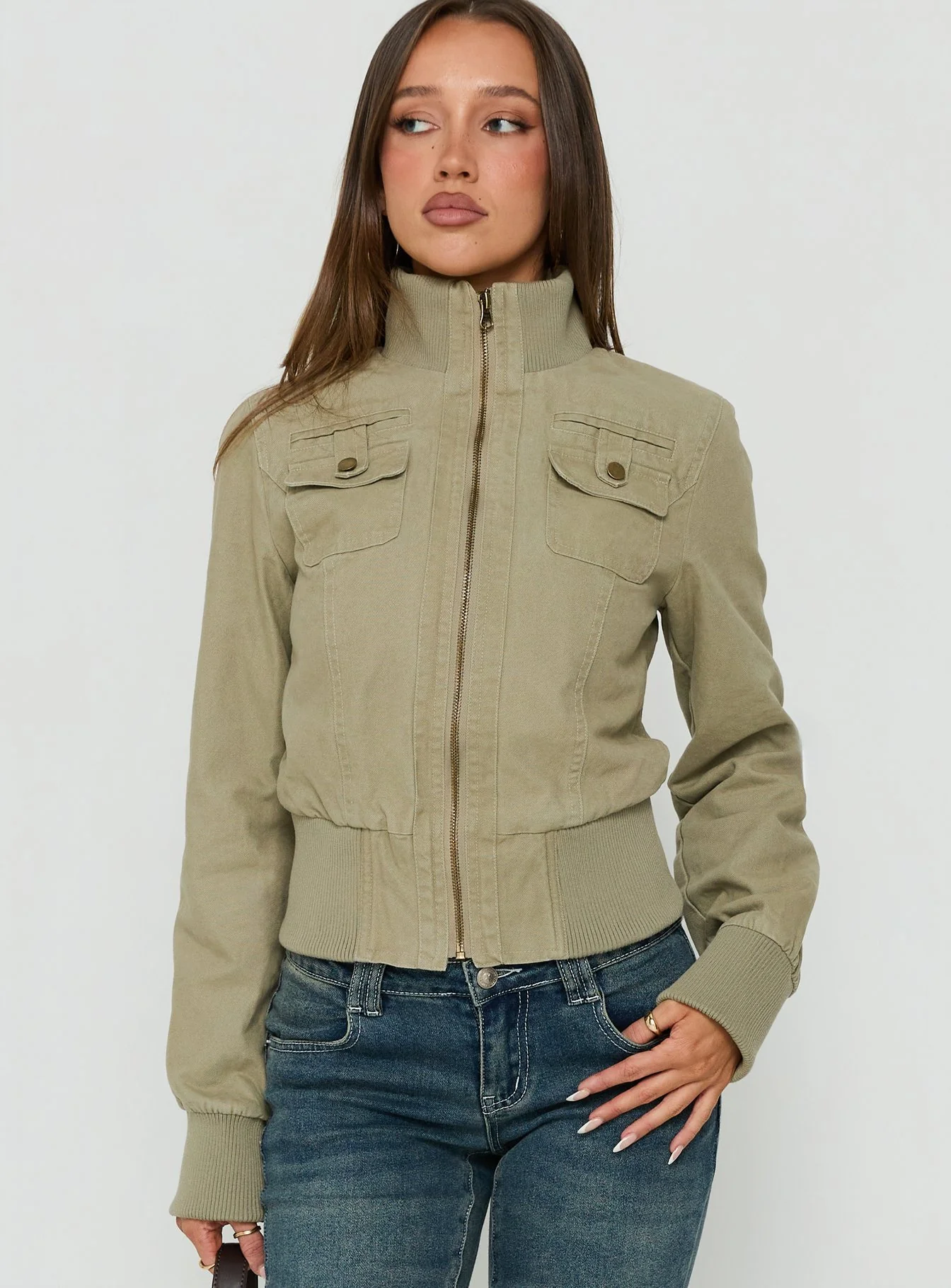 Marykate Funnel Neck Fitted Jacket Khaki