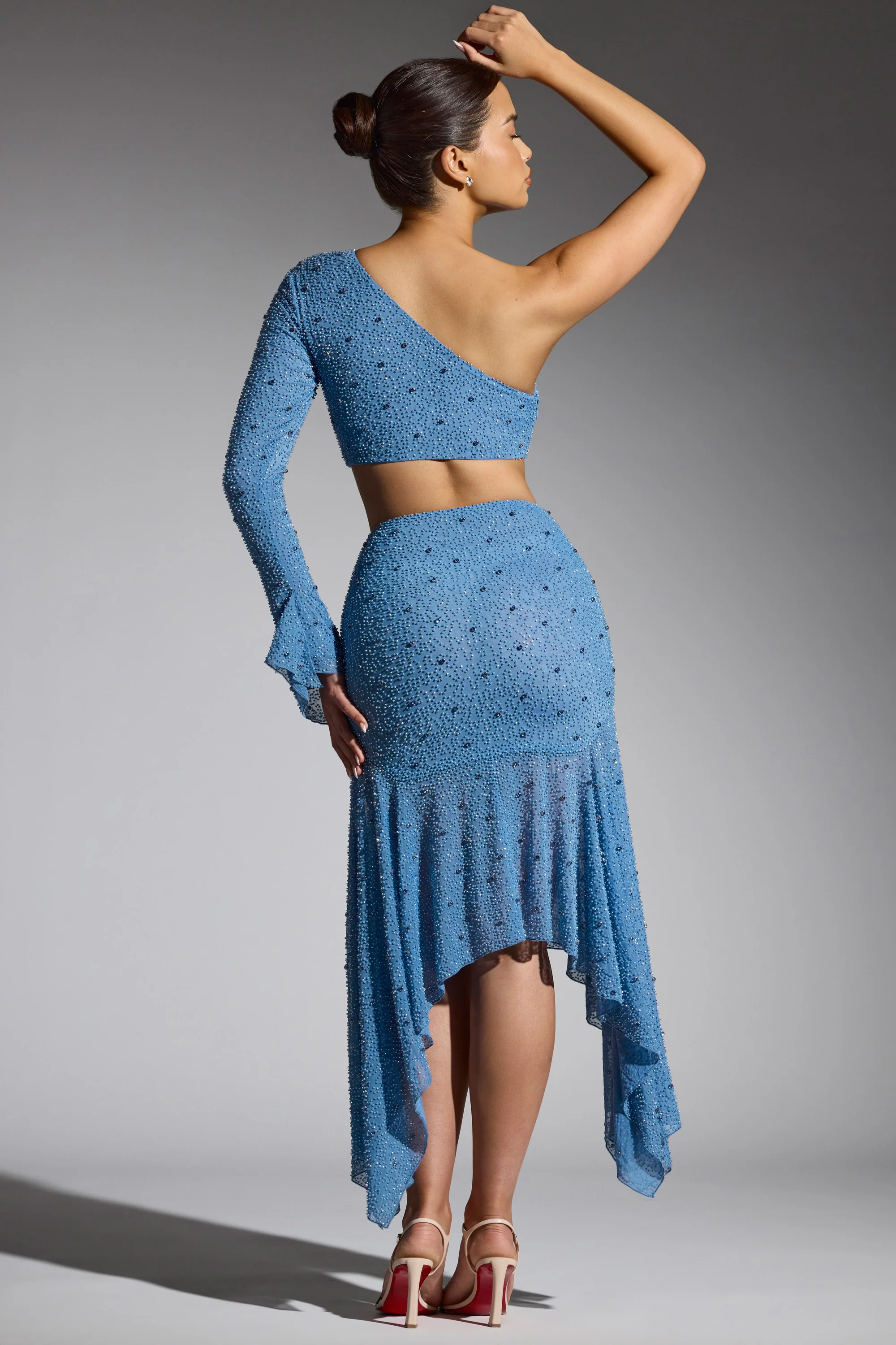 Embellished Handkerchief Hem Skirt in Smokey Blue