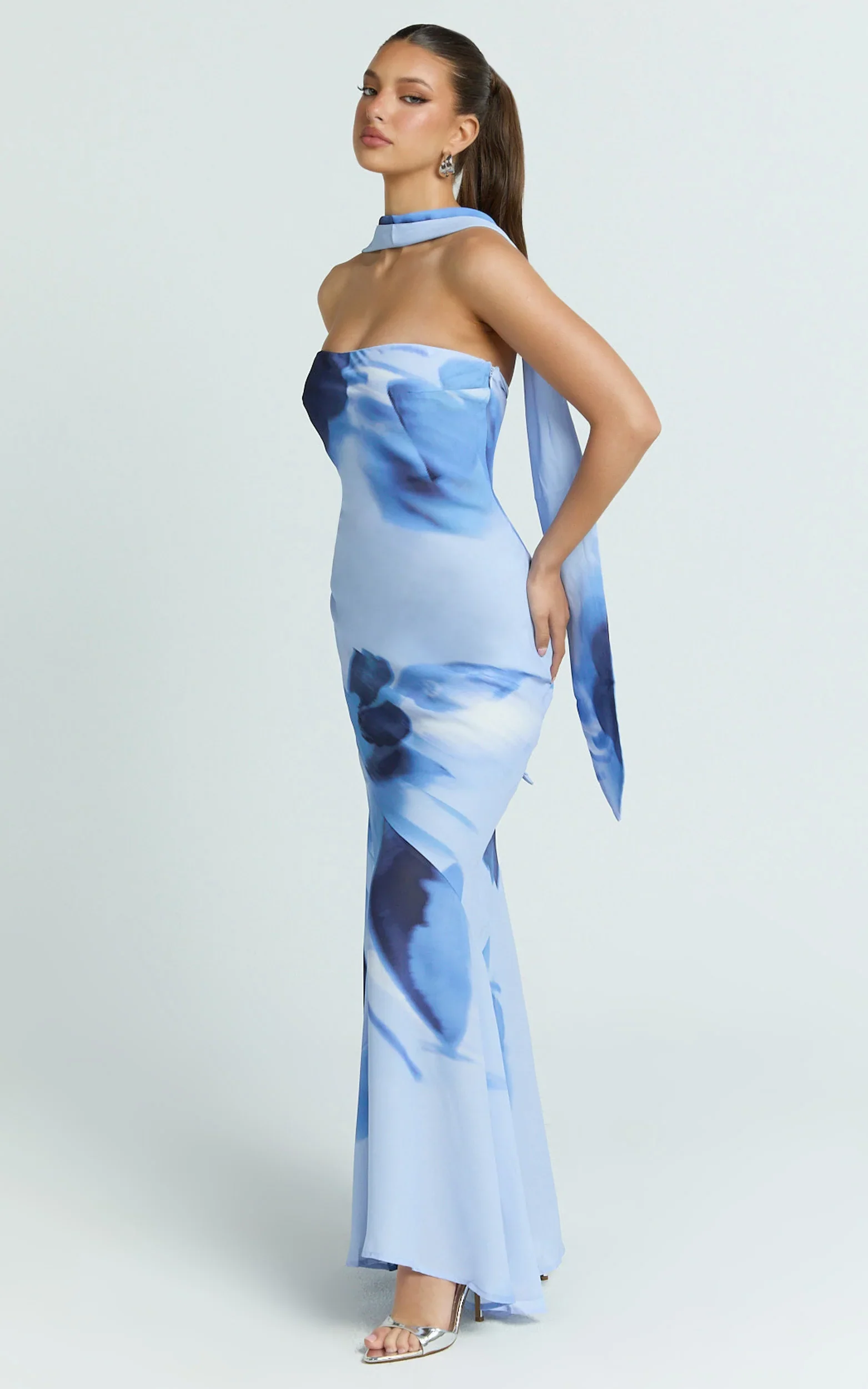 Angie Maxi Dress - Strapless Bias Column Dress with Scarf in Blue Print