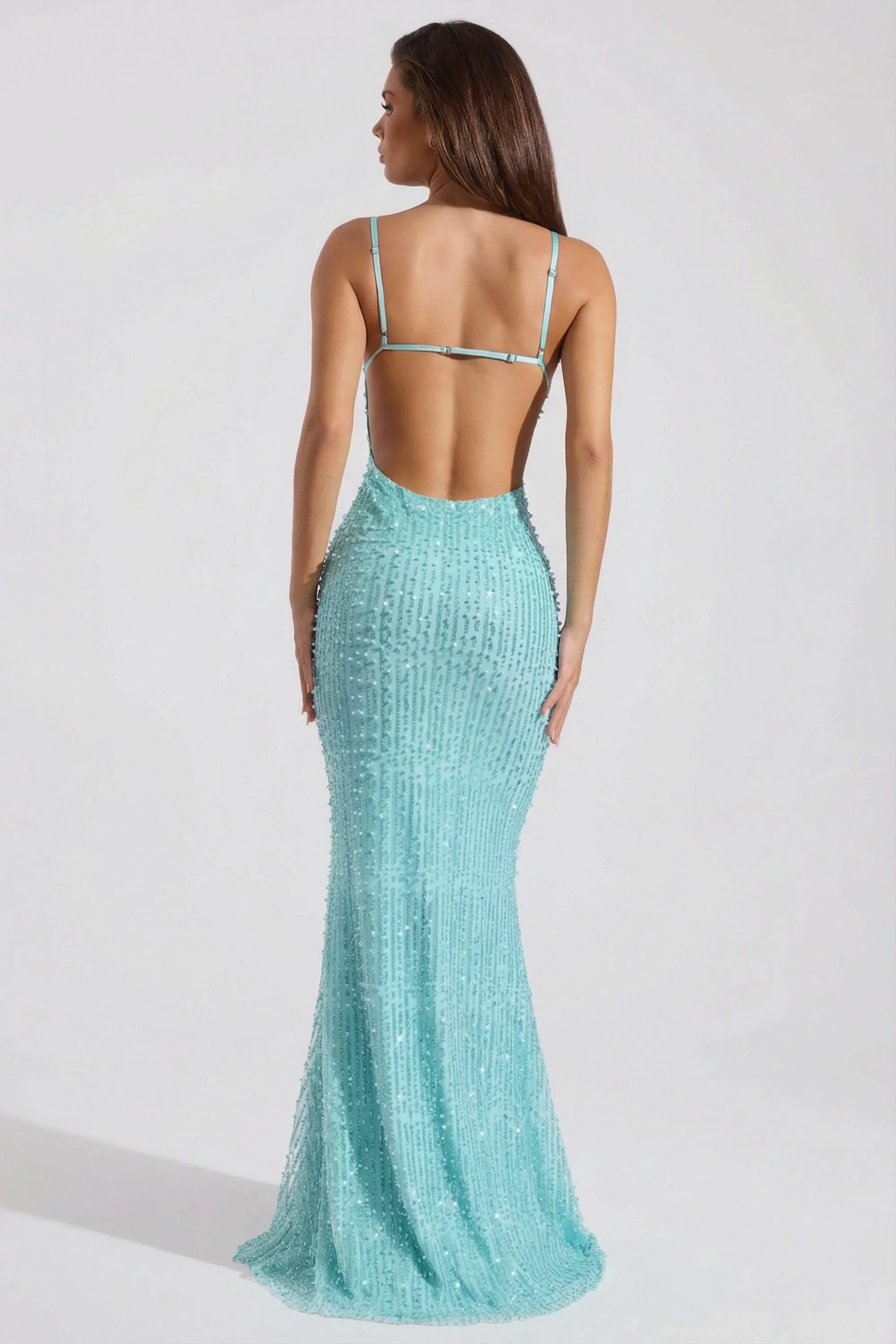 Embellished Cowl-Neck Backless Maxi Dress in Aqua Blue - luluinthesky