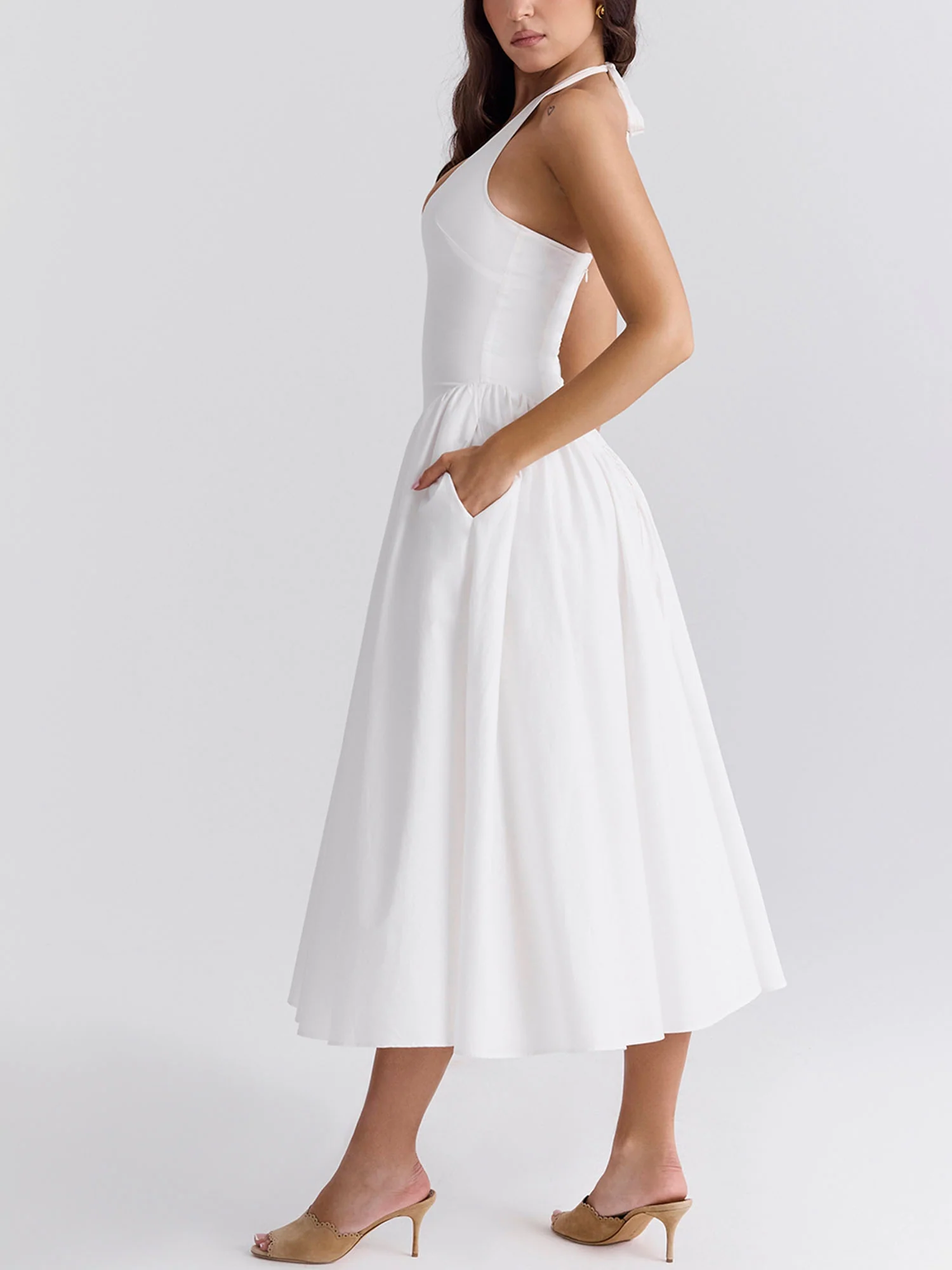 Pleated A-Line Halter Midi Dress