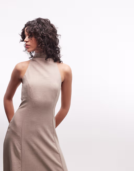 high neck sleeveless swing linen look maxi dress in oat