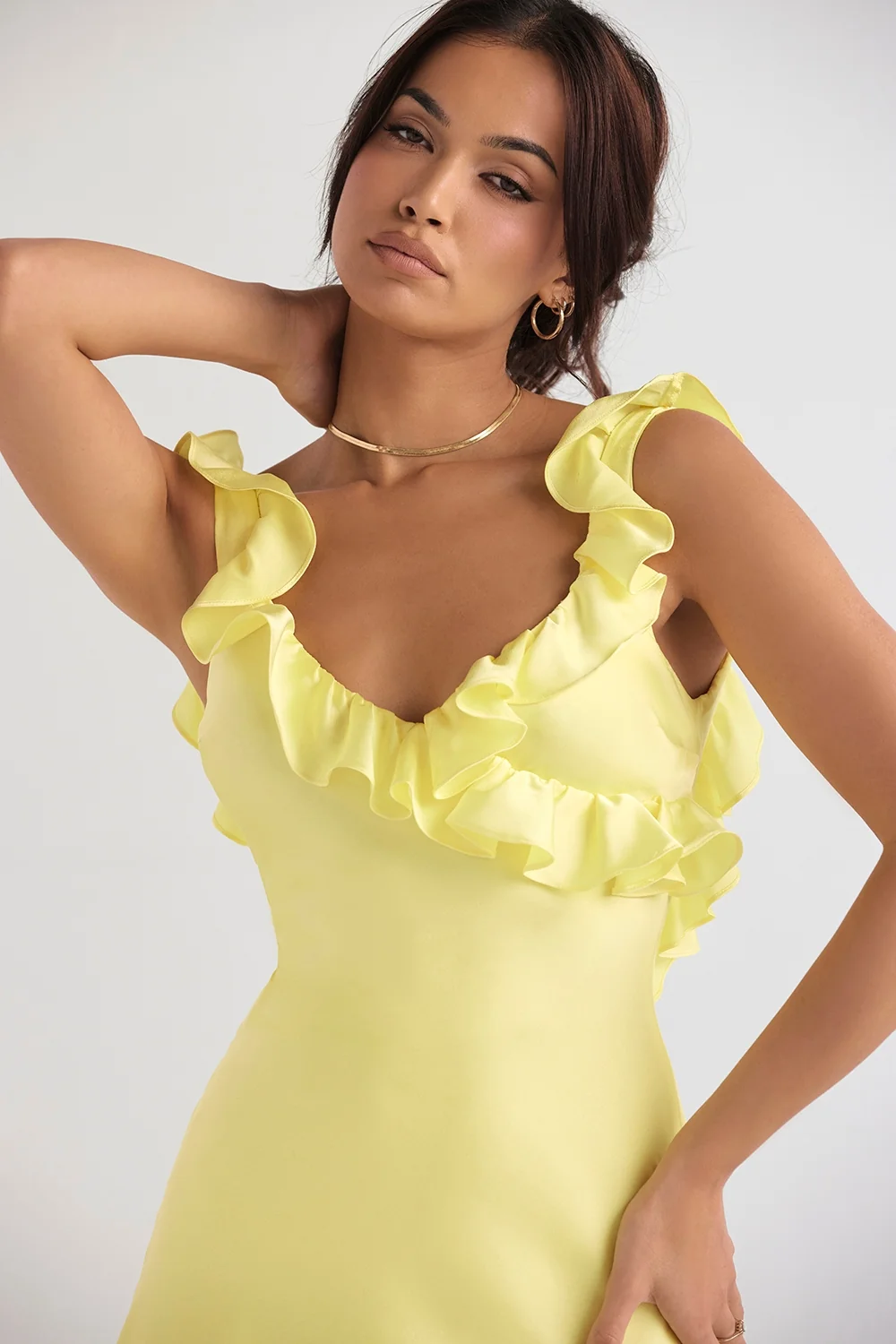 buttercup satin ruffle mini dress