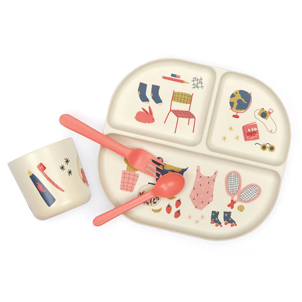 Vogeelle Illustrated Bamboo Kid Dinner Set - Coral
