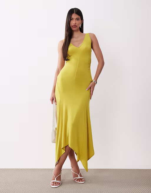 v neck hanky hem soft slinky midi dress in chartreuse