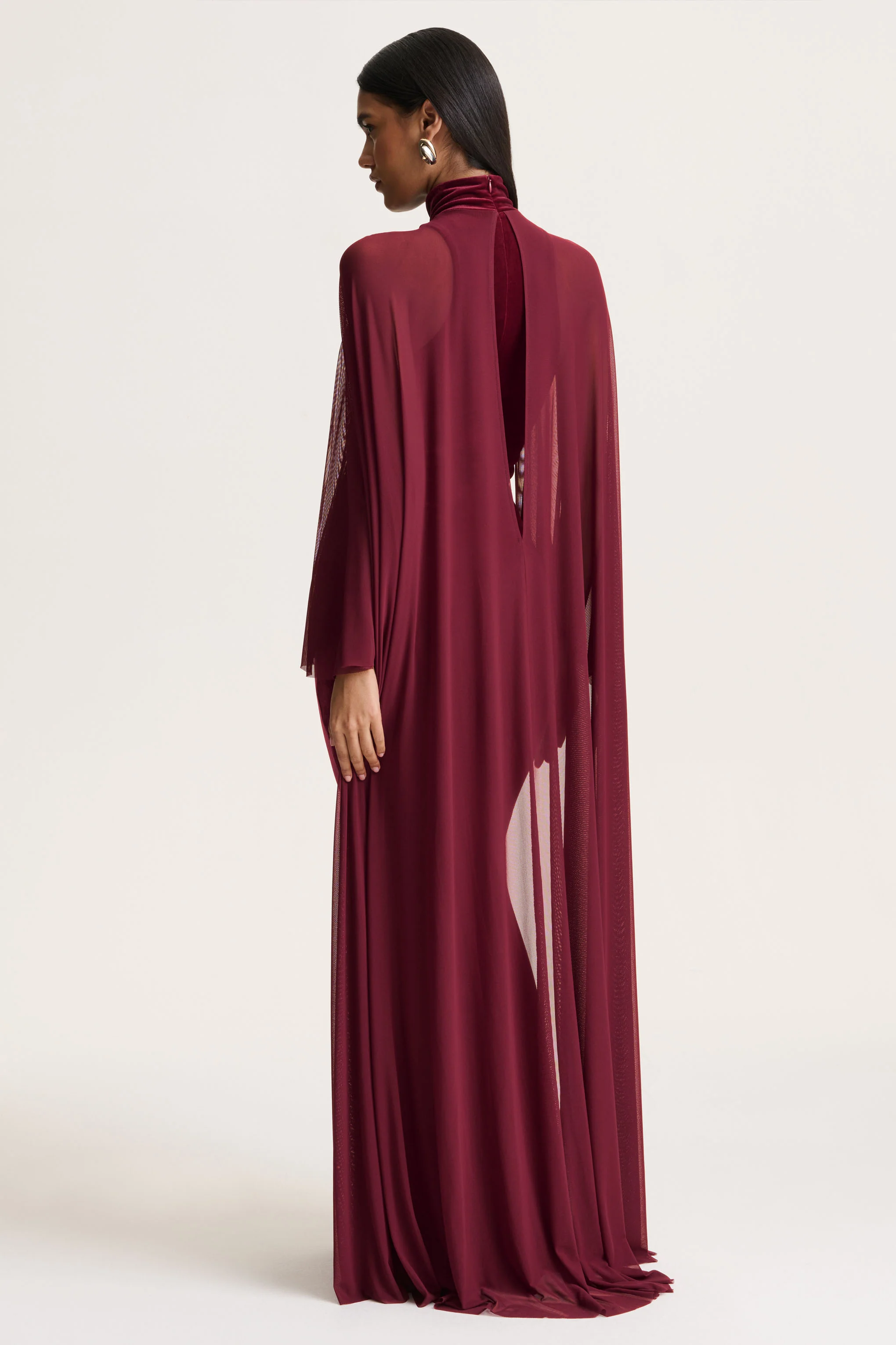 Adoring | Burgundy Velvet High-Neck Maxi Dress With Cape