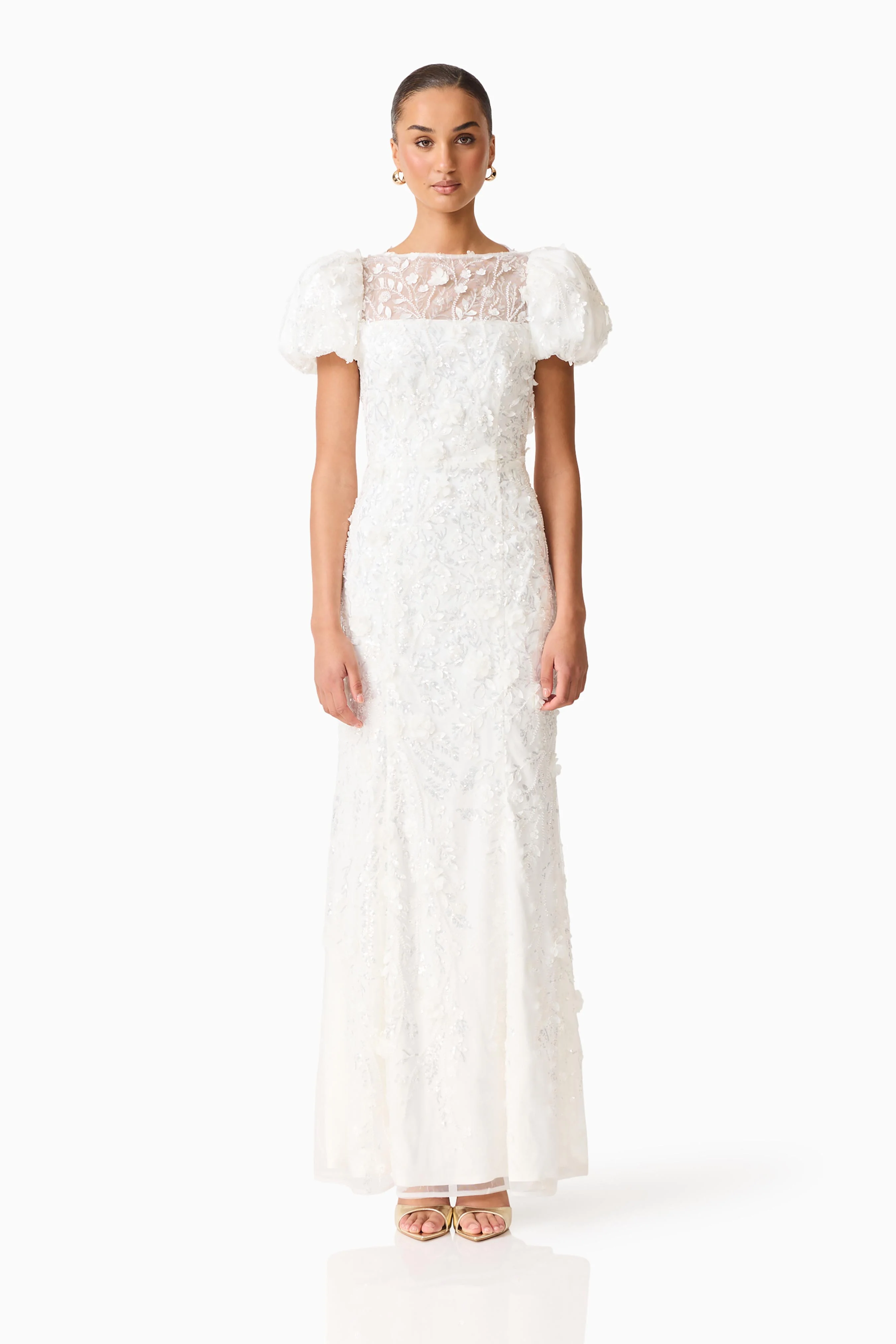 Rina Beaded Puff Sleeve Gown in White