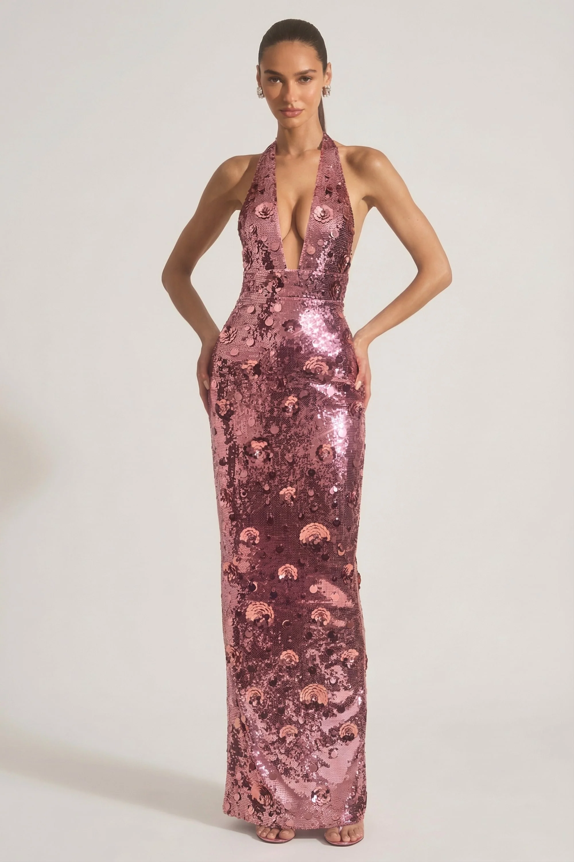 Sequin-Embellished Halterneck Maxi Dress in Pink