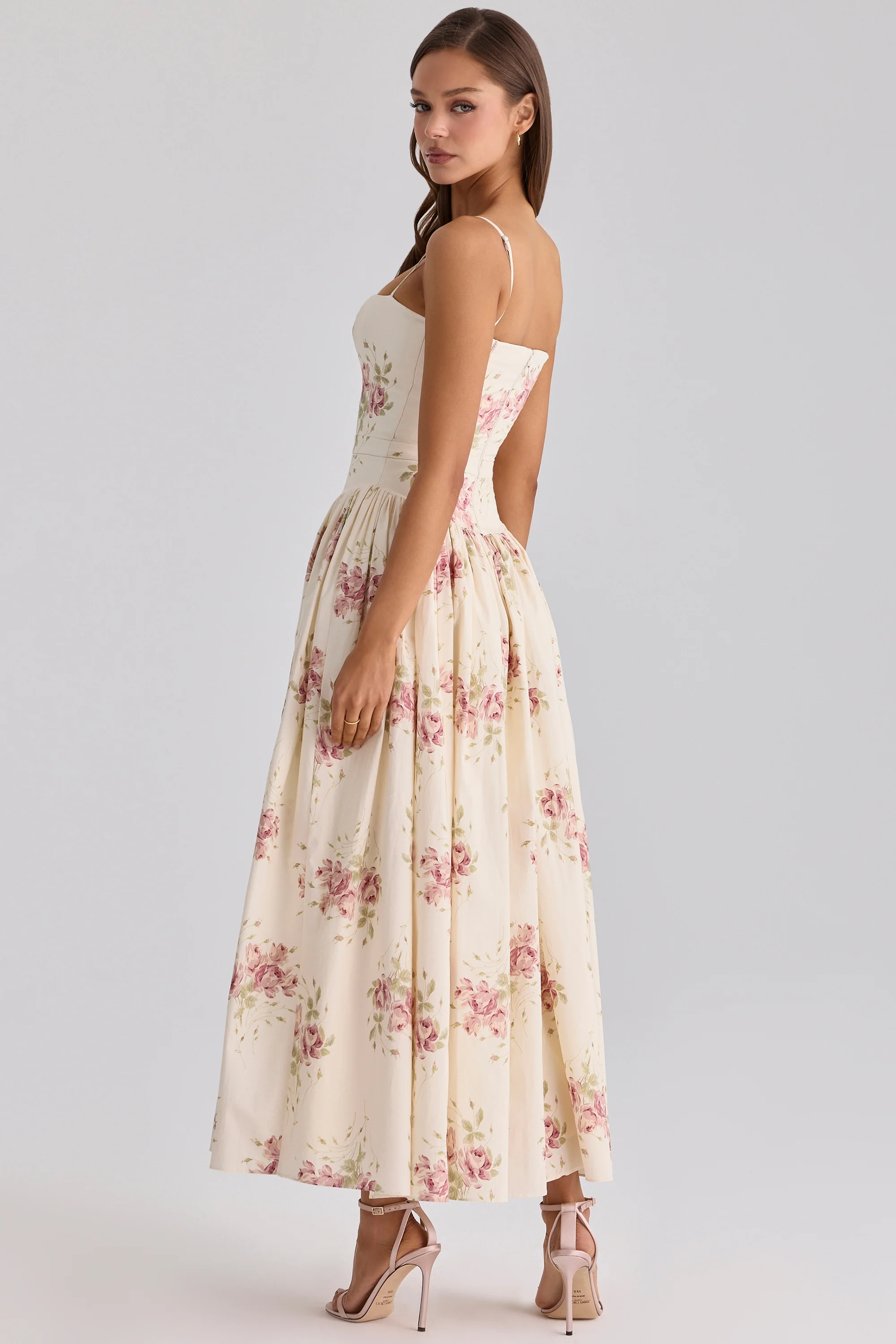 Ivory Vintage Rose Print Cotton Midi Sundress